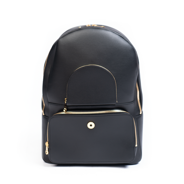 A jet black leather backpack with gold-tone hardware, featuring multiple compartments and a front zipper pocket.