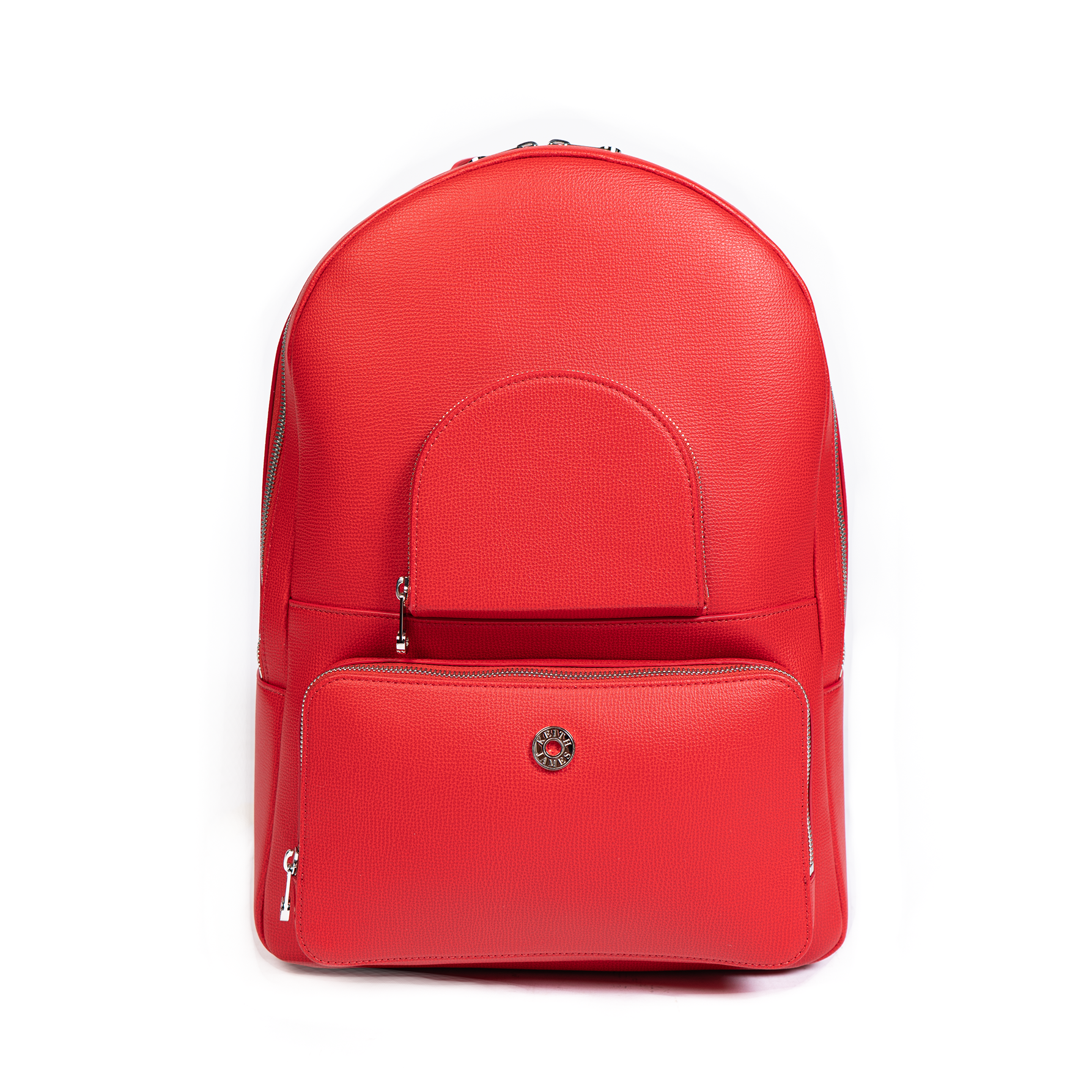 A rose red leather backpack with a front pocket and visible brand logo.