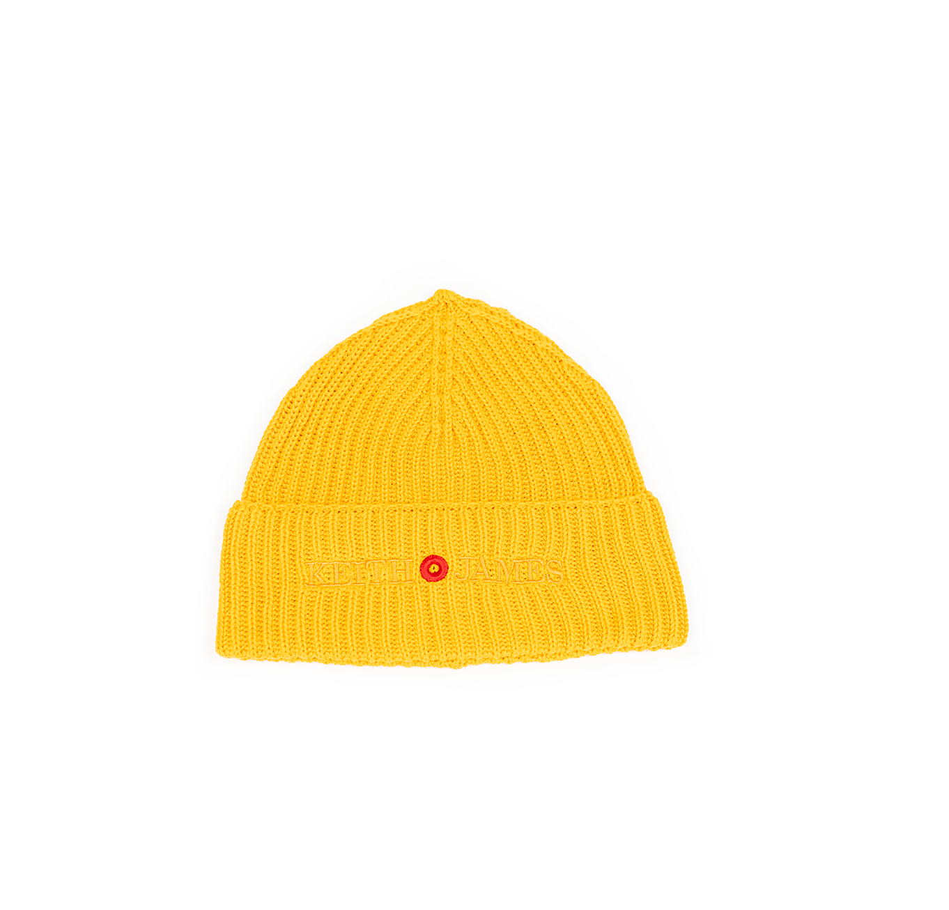 A rib-knit beanie hat in Canary Yellow with an embroidered logo on the front.