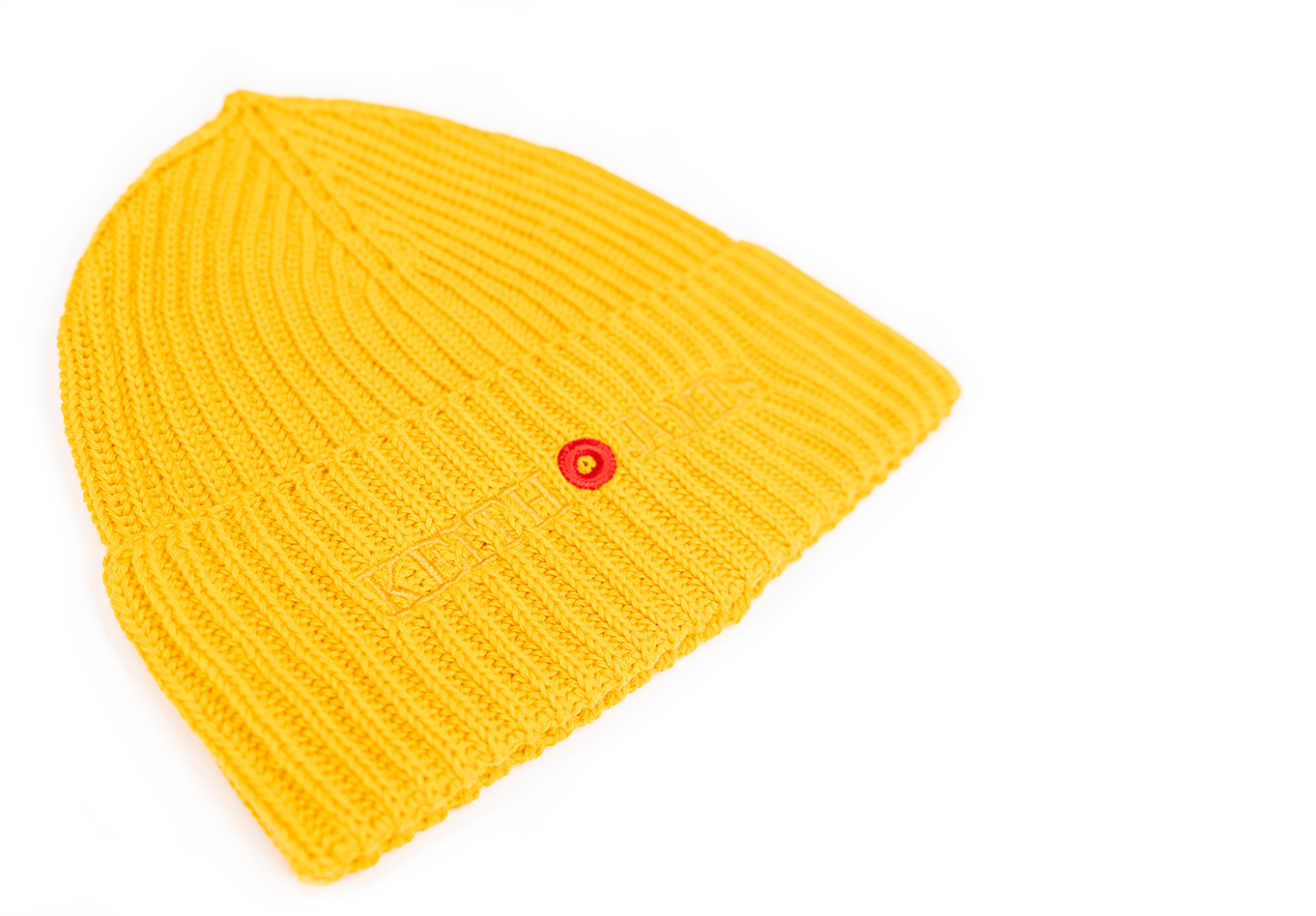A rib-knit beanie hat in Canary Yellow with an embroidered logo on the front.