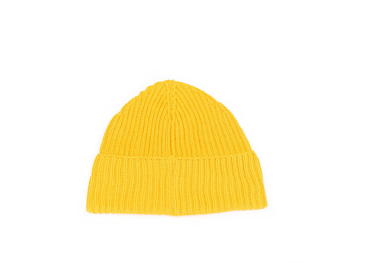 A rib-knit beanie hat in Canary Yellow with an embroidered logo on the front.