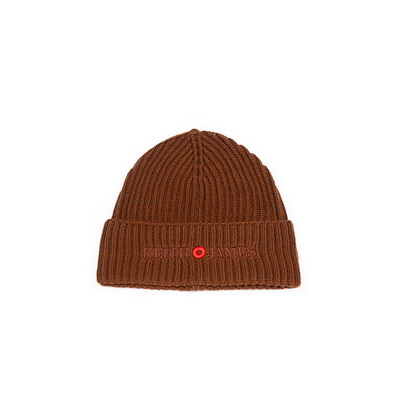 A cocoa brown rib-knit beanie with an embroidered logo on the front.