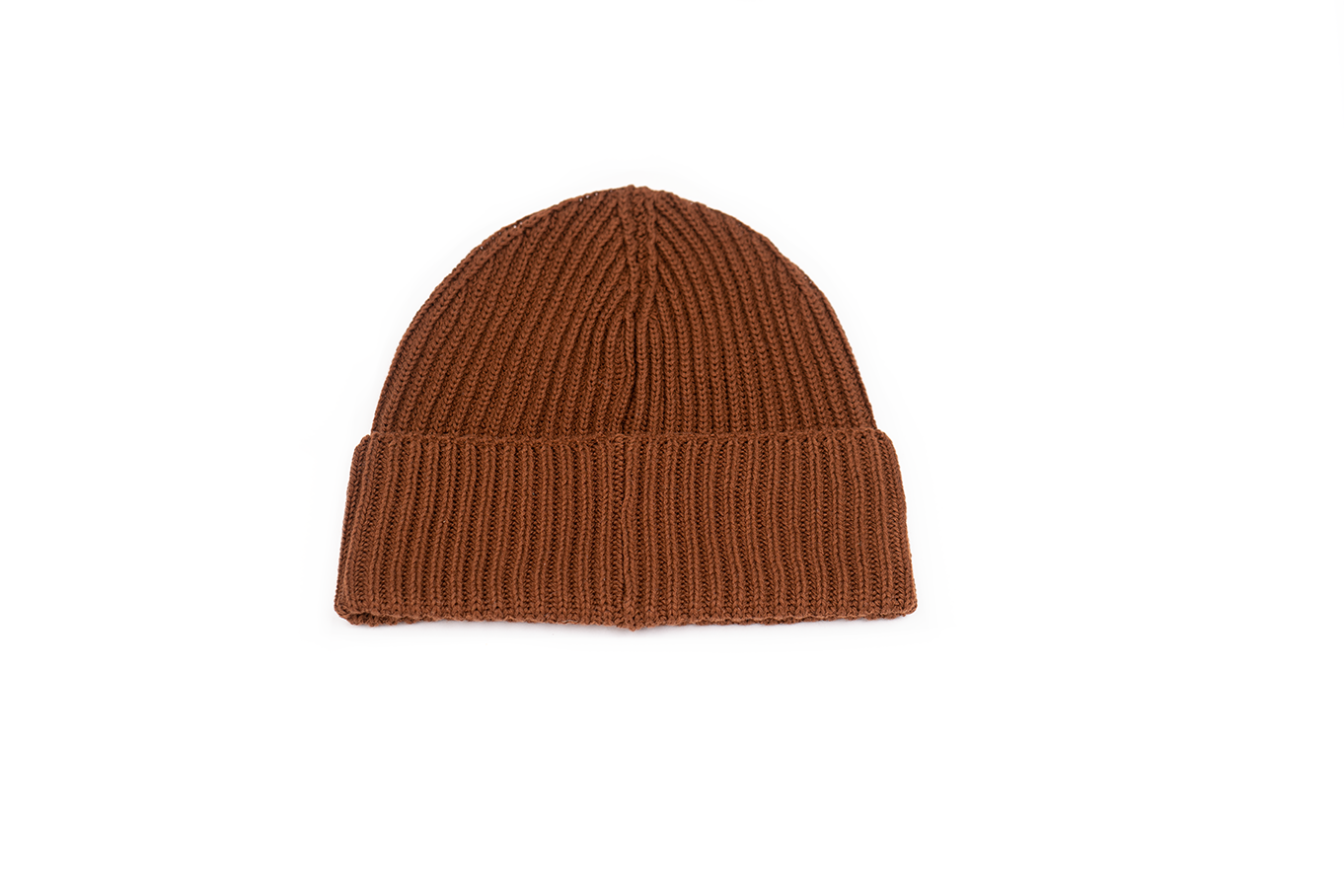 A cocoa brown rib-knit beanie with an embroidered logo on the front.