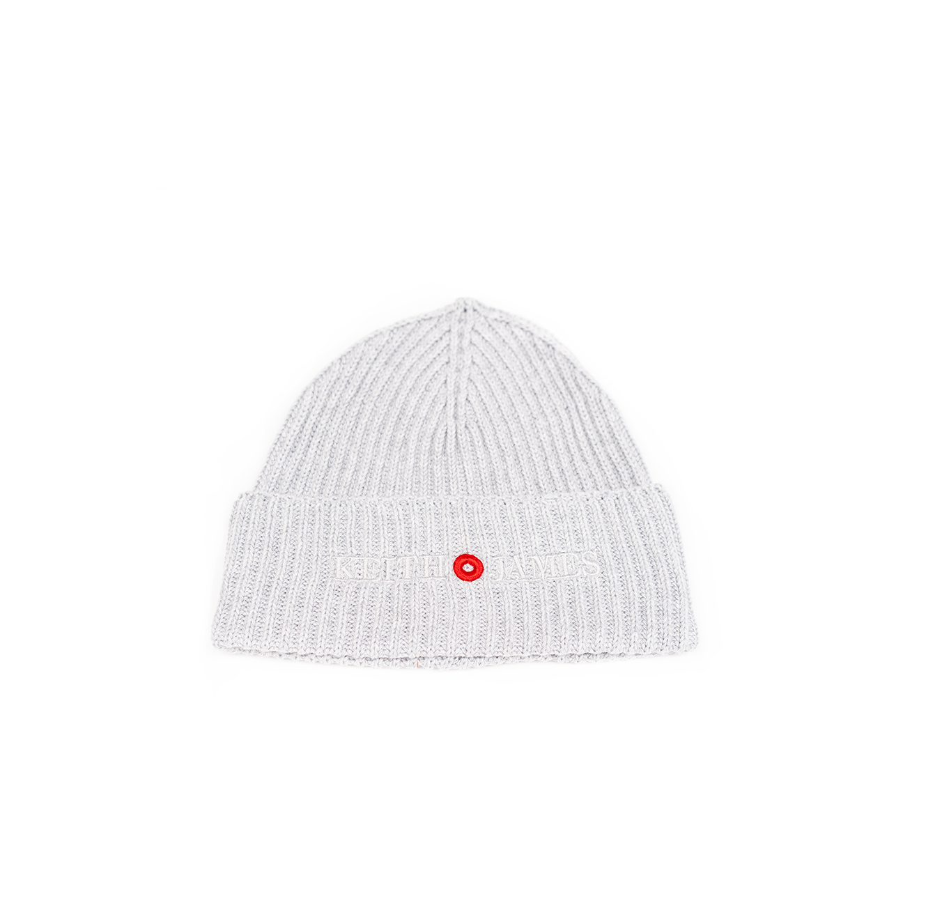 A gray rib-knit beanie with an embroidered logo and a small red circle on the front.