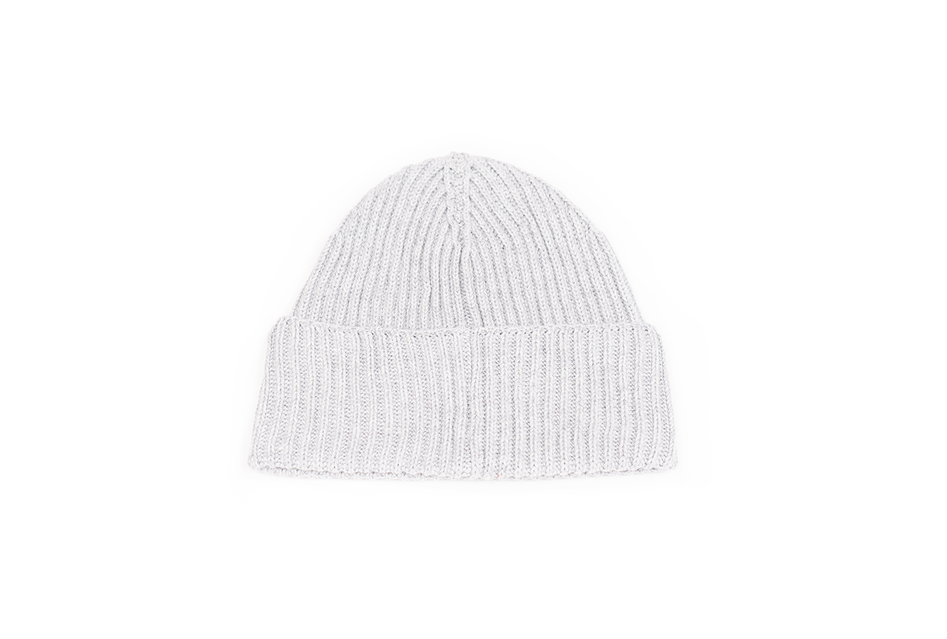 A gray rib-knit beanie with an embroidered logo and a small red circle on the front.
