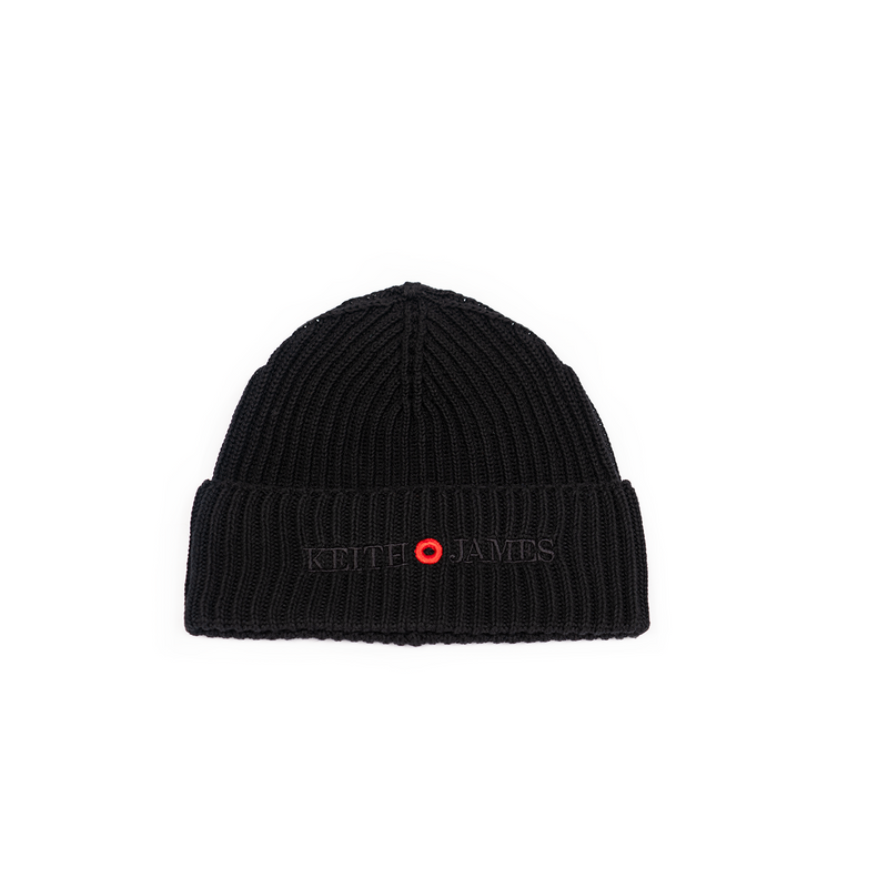 A black rib-knit beanie with an embroidered logo on the fold.