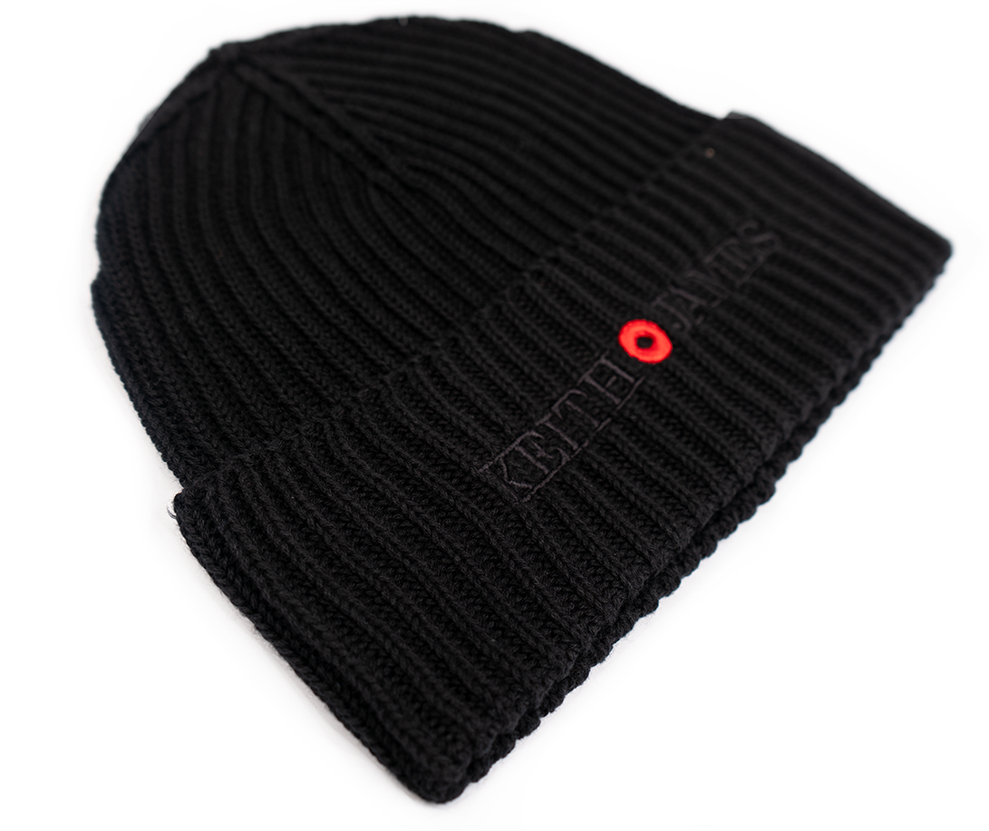A black rib-knit beanie with an embroidered logo on the fold.