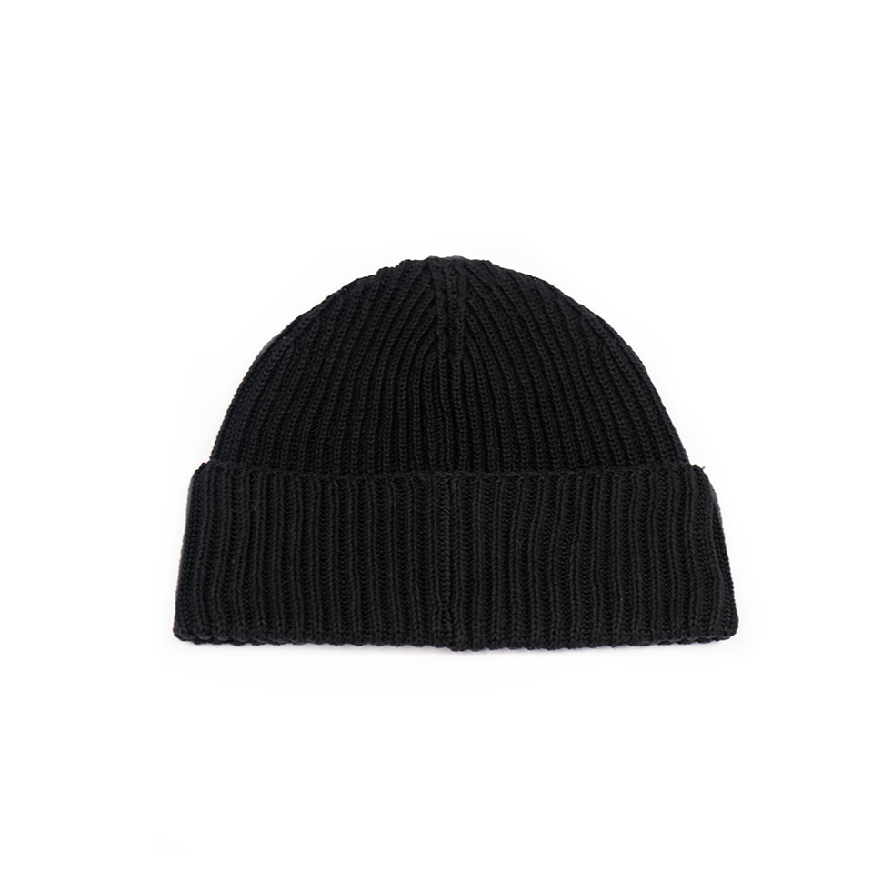 A black rib-knit beanie with an embroidered logo on the fold.