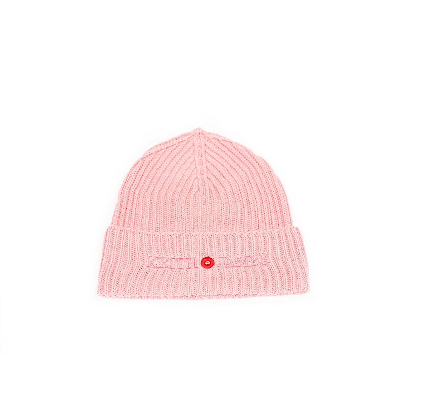 A pink rib-knit beanie with an embroidered logo and a small red button detail on the front.