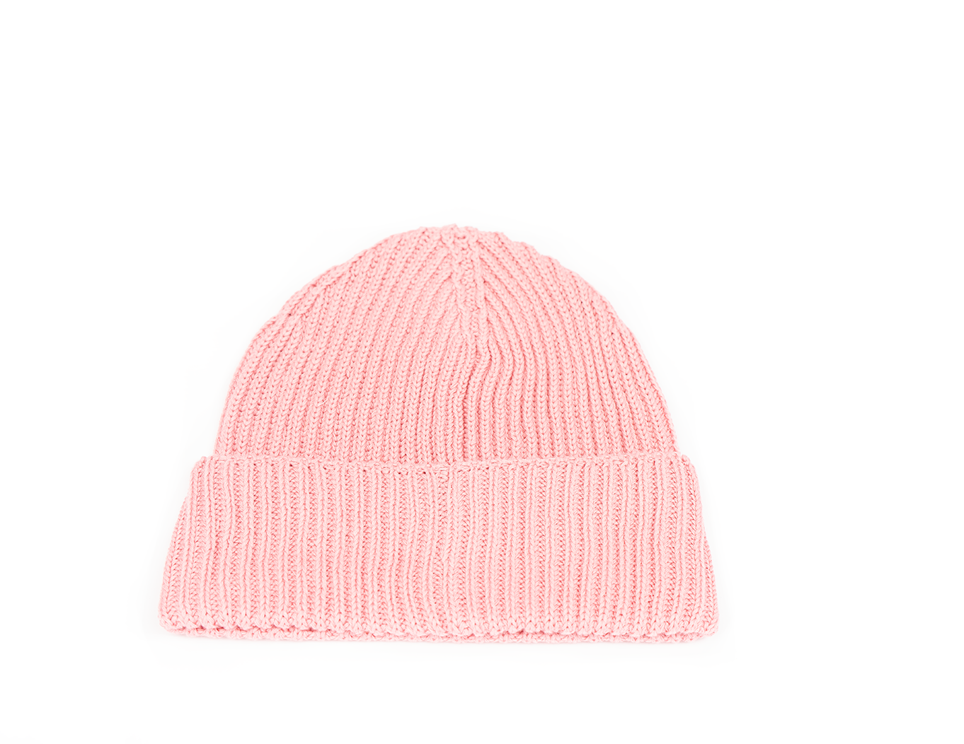 A pink rib-knit beanie with an embroidered logo and a small red button detail on the front.