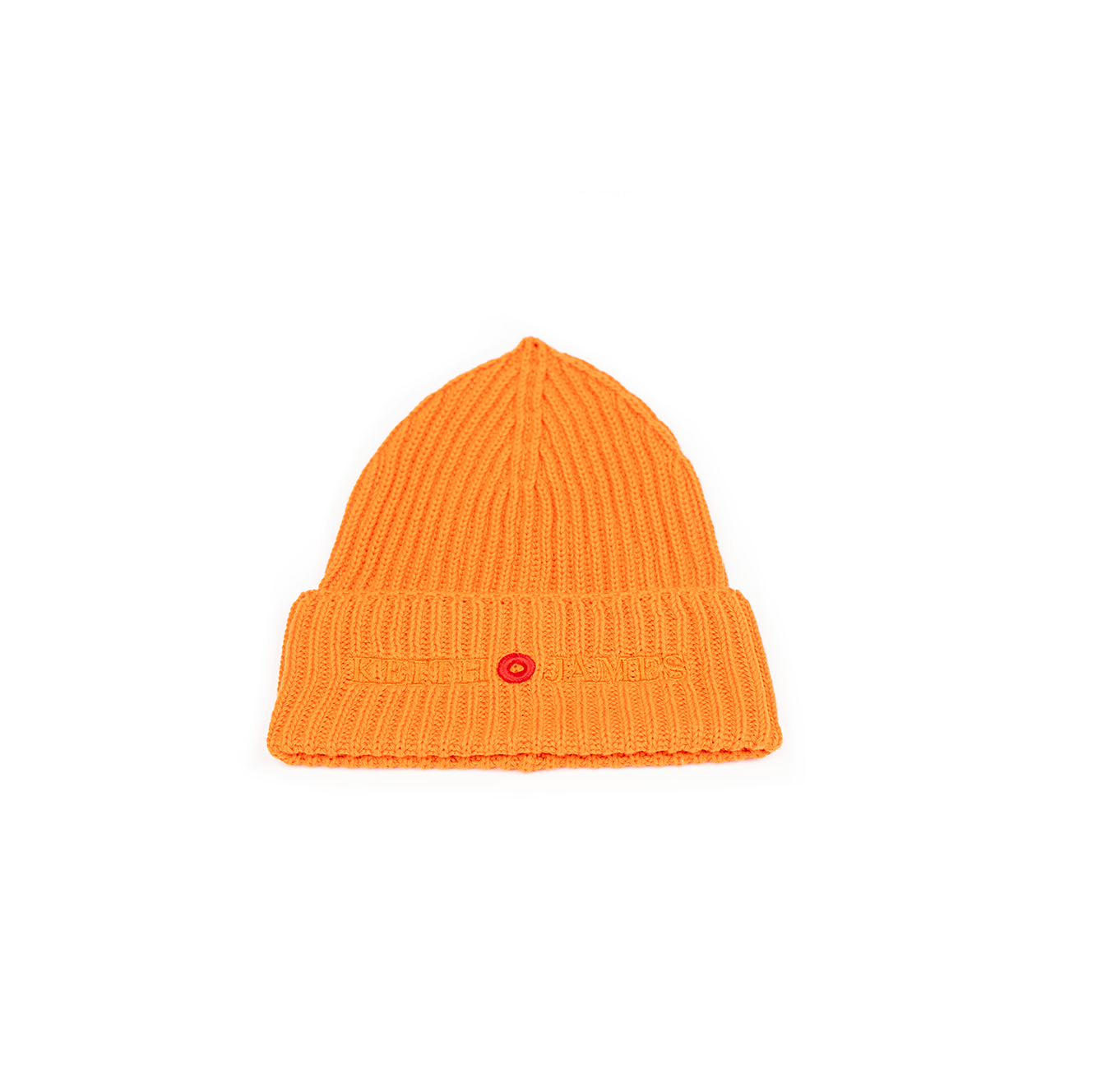 A tiger orange rib-knit beanie with an embroidered logo on the front.
