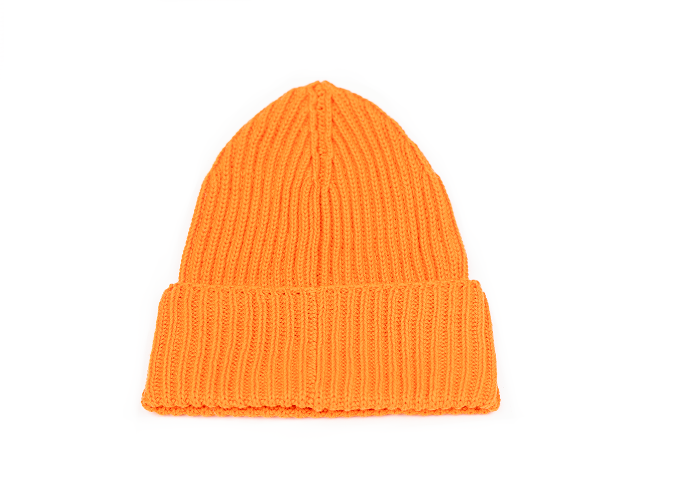 A tiger orange rib-knit beanie with an embroidered logo on the front.