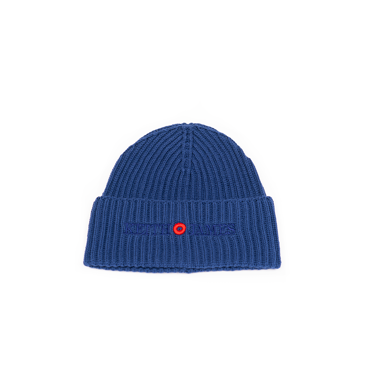 A blue rib-knit beanie with an embroidered logo on the front.