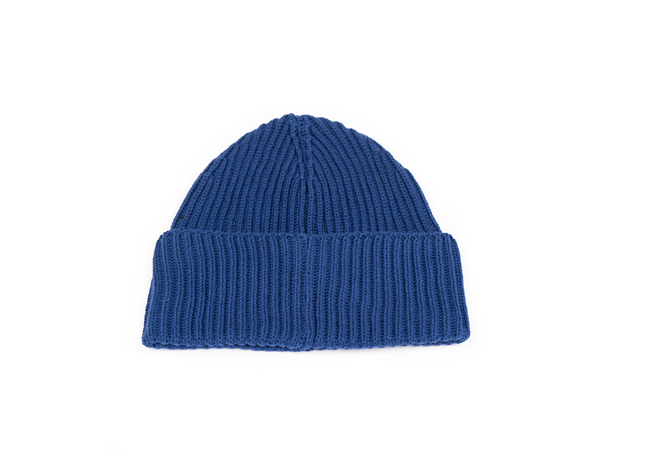 A blue rib-knit beanie with an embroidered logo on the front.