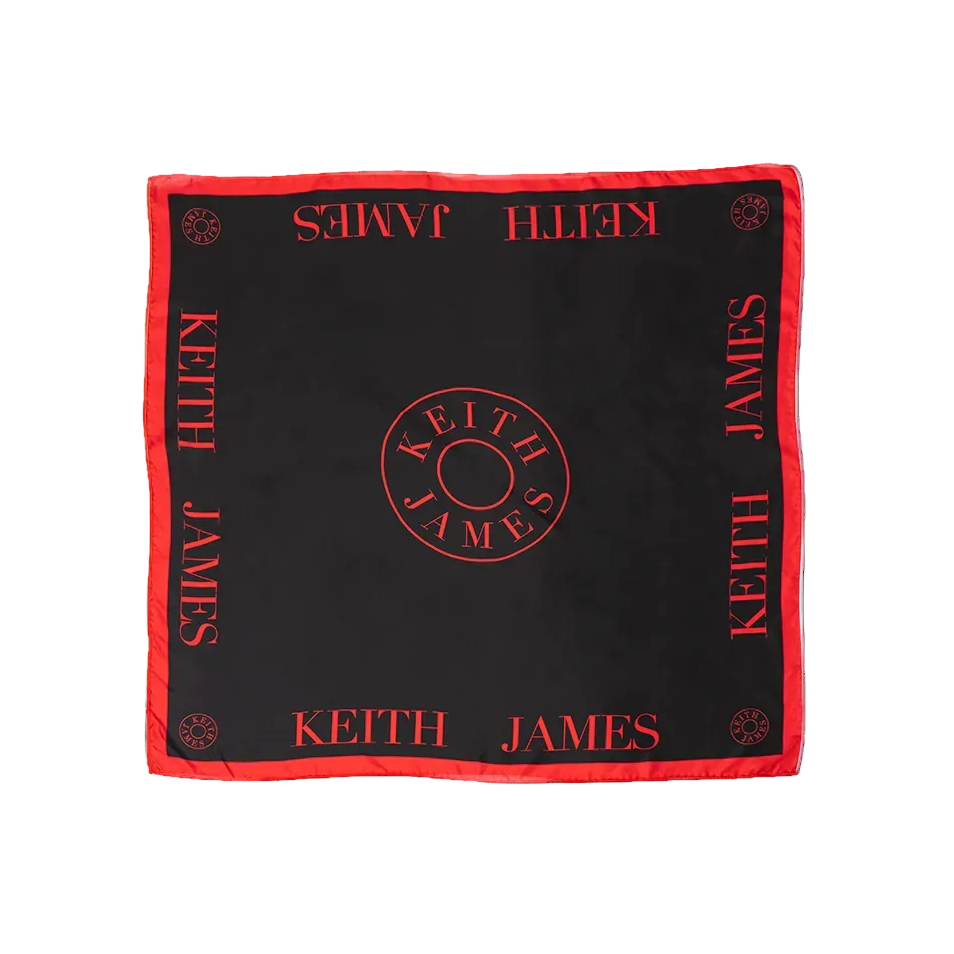 Black square scarf with red border and 'Keith James' branding on a white background