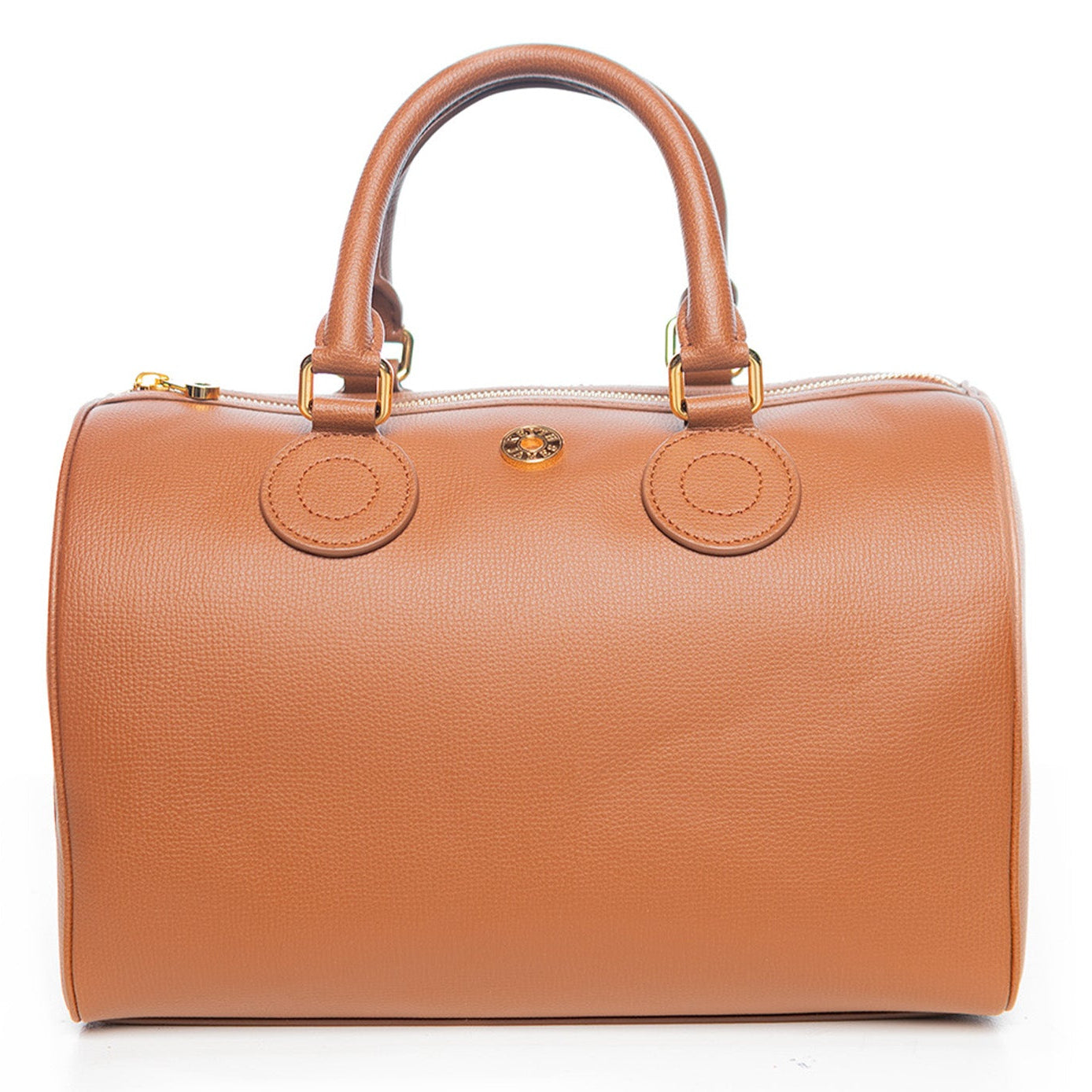 A cocoa brown handbag with a structured shape and gold-tone hardware.