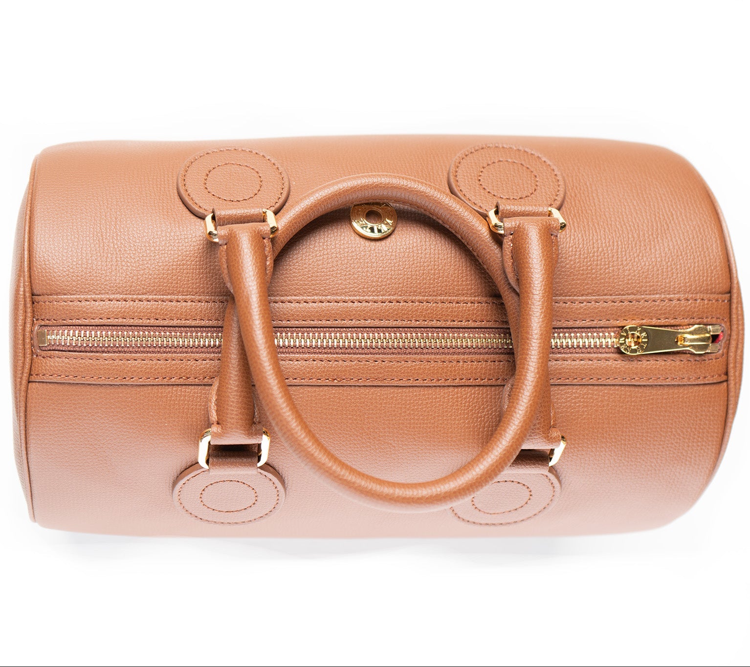 A cocoa brown handbag with a structured shape and gold-tone hardware.