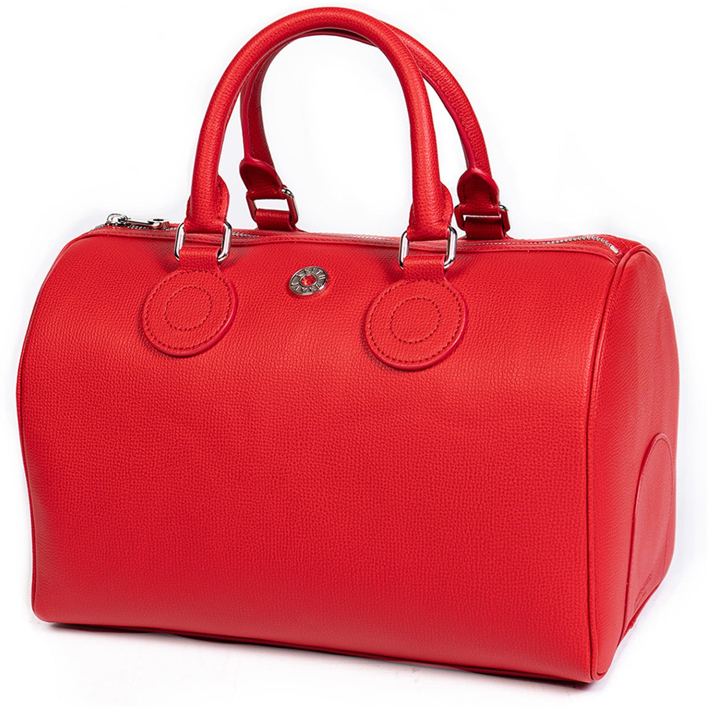 A rose red handbag with a structured design, featuring two handles and a front zipper closure.