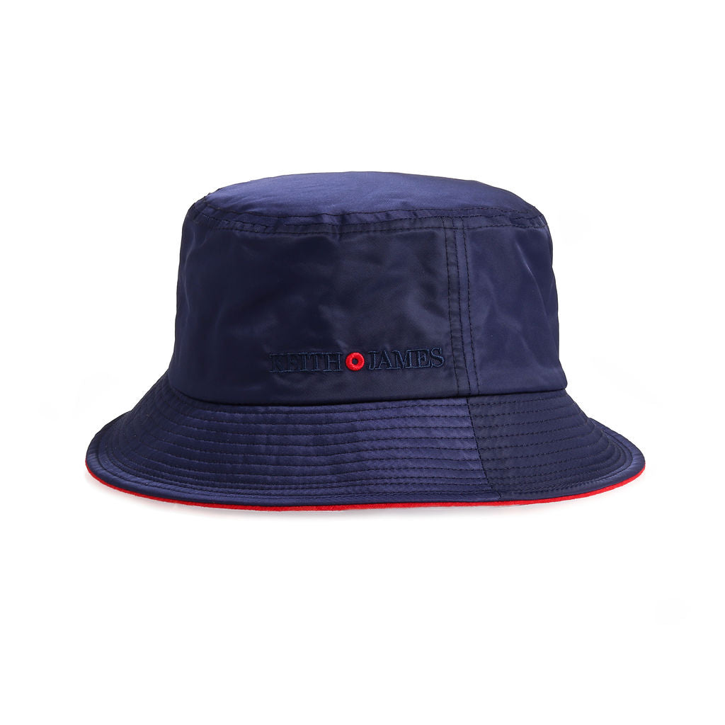 A navy blue bucket hat with a red detail around the base and the brand name 'Keith James' visible on the front.