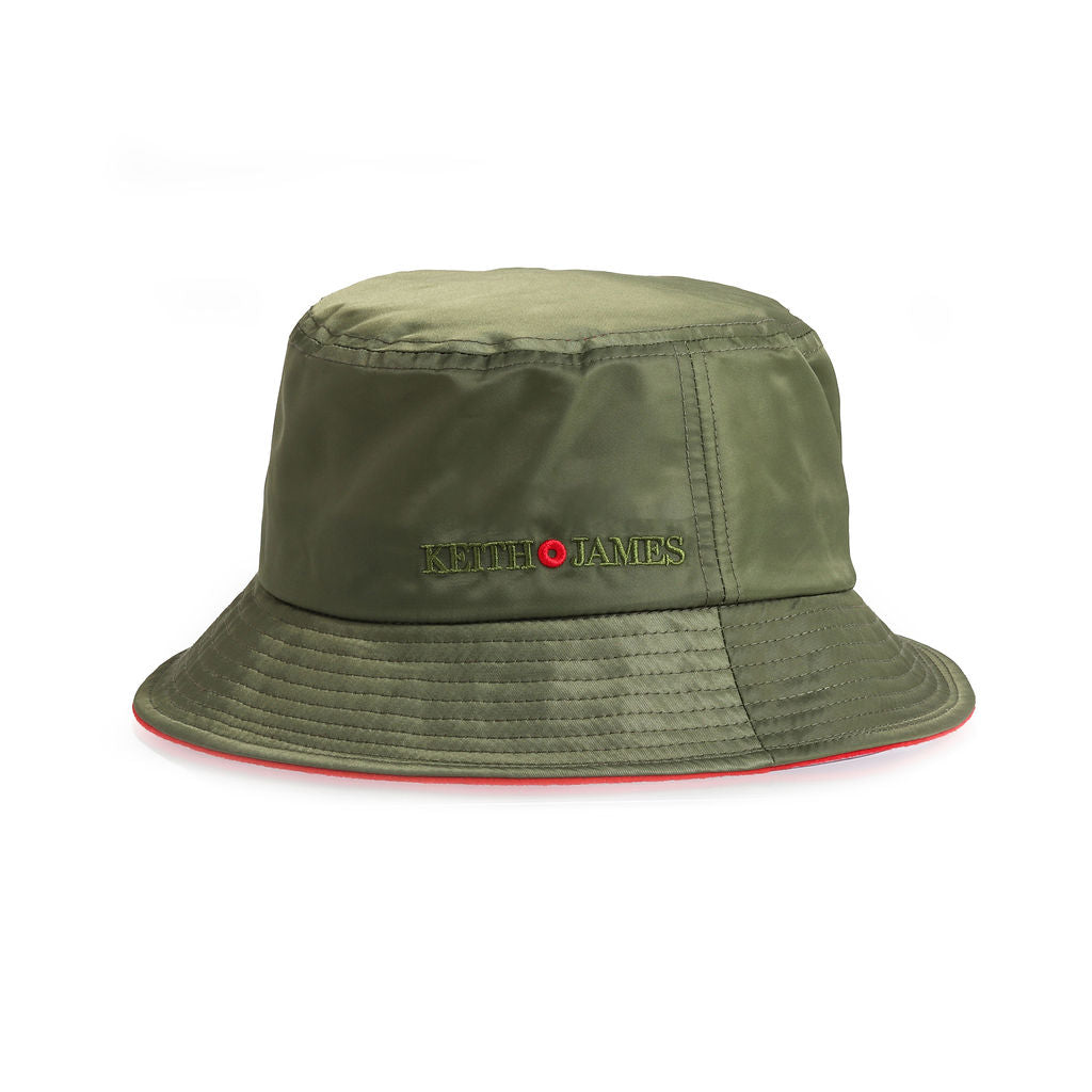 Olive green bucket hat with a red trim and the brand name 'Keith James' embroidered on the front.
