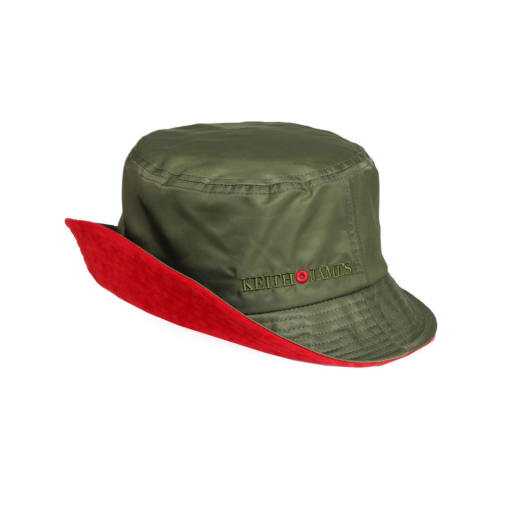 Olive green bucket hat with a red trim and the brand name 'Keith James' embroidered on the front.