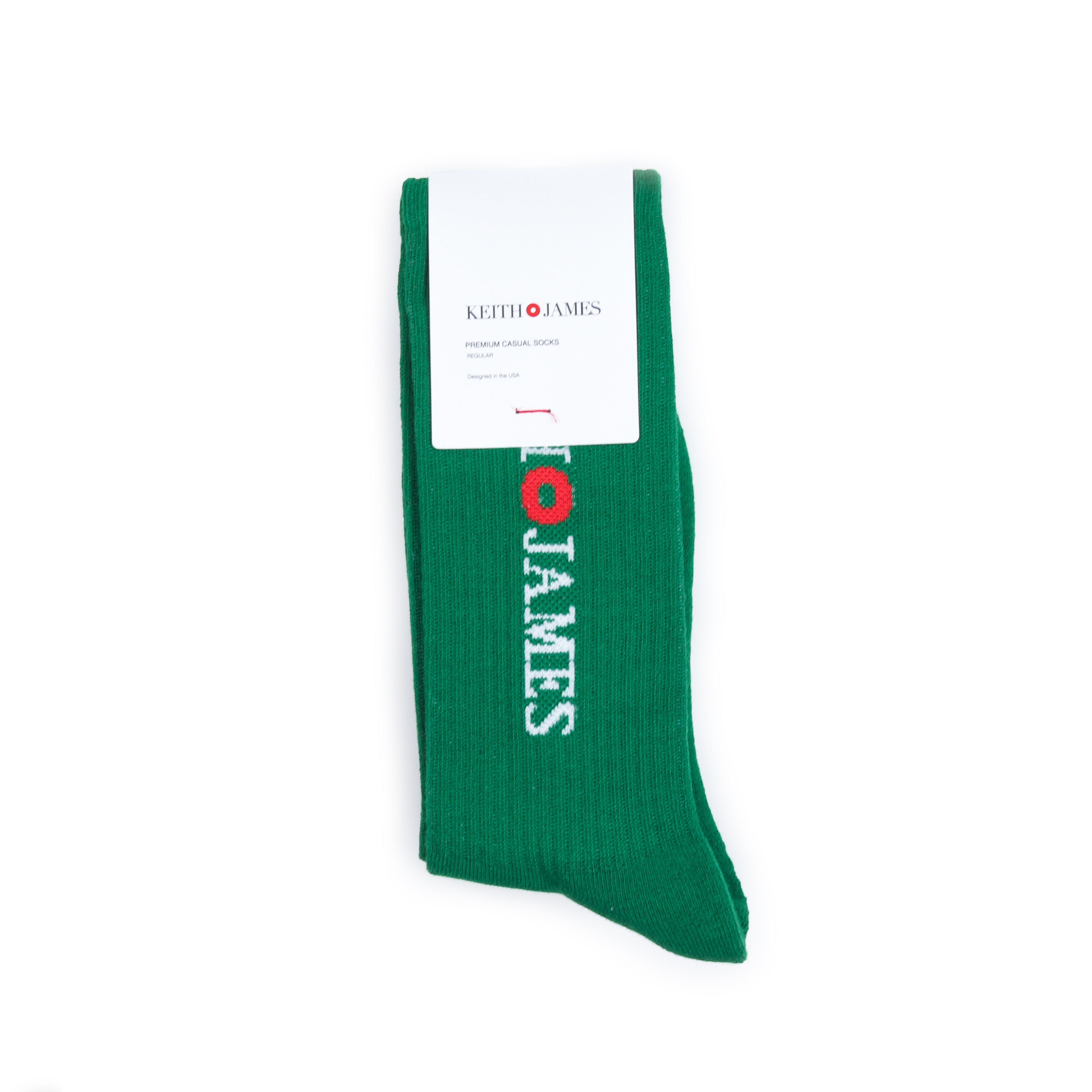 A green crew-length sock with the text 'KEITH JAMES' prominently displayed along the side.