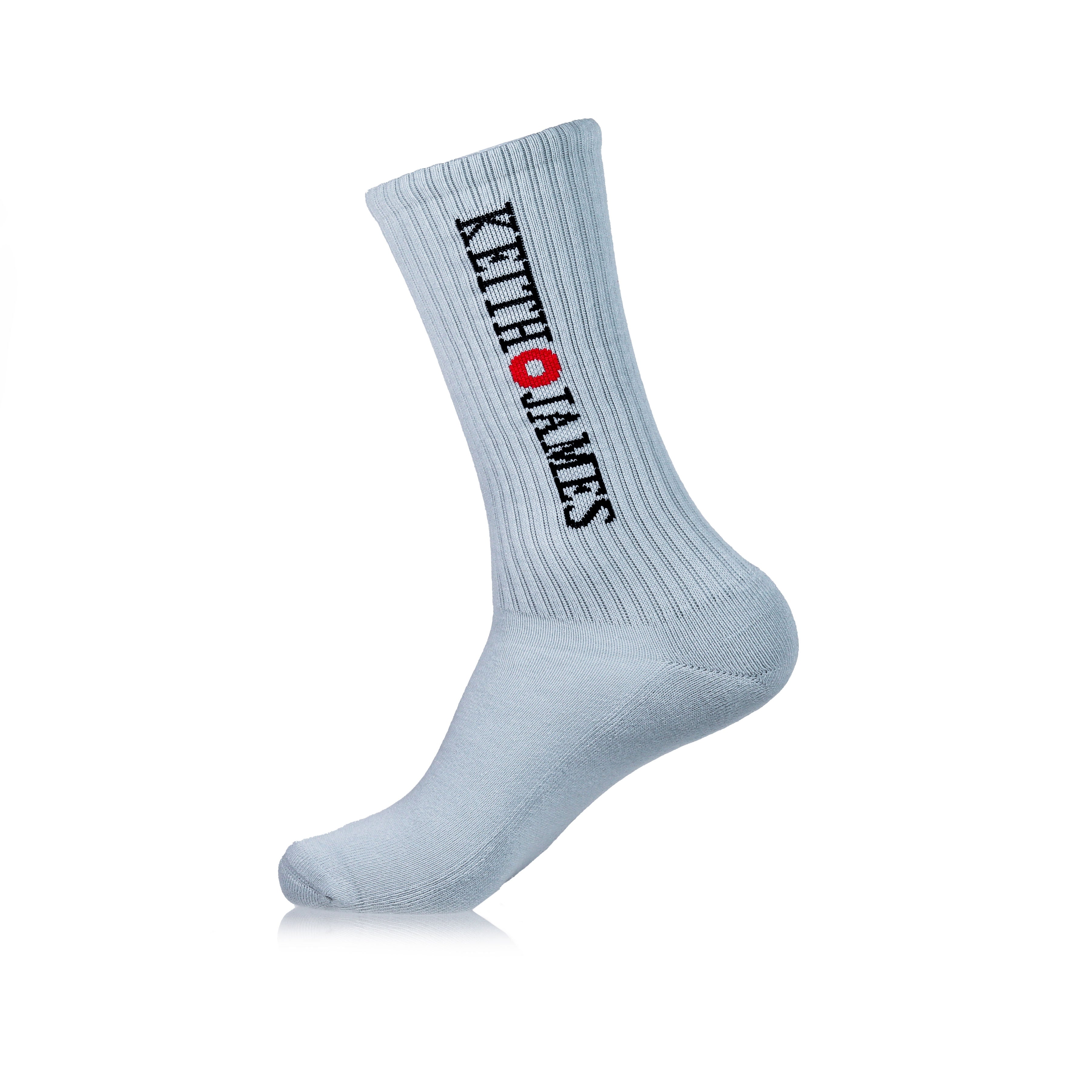 A single grey sock with text pattern