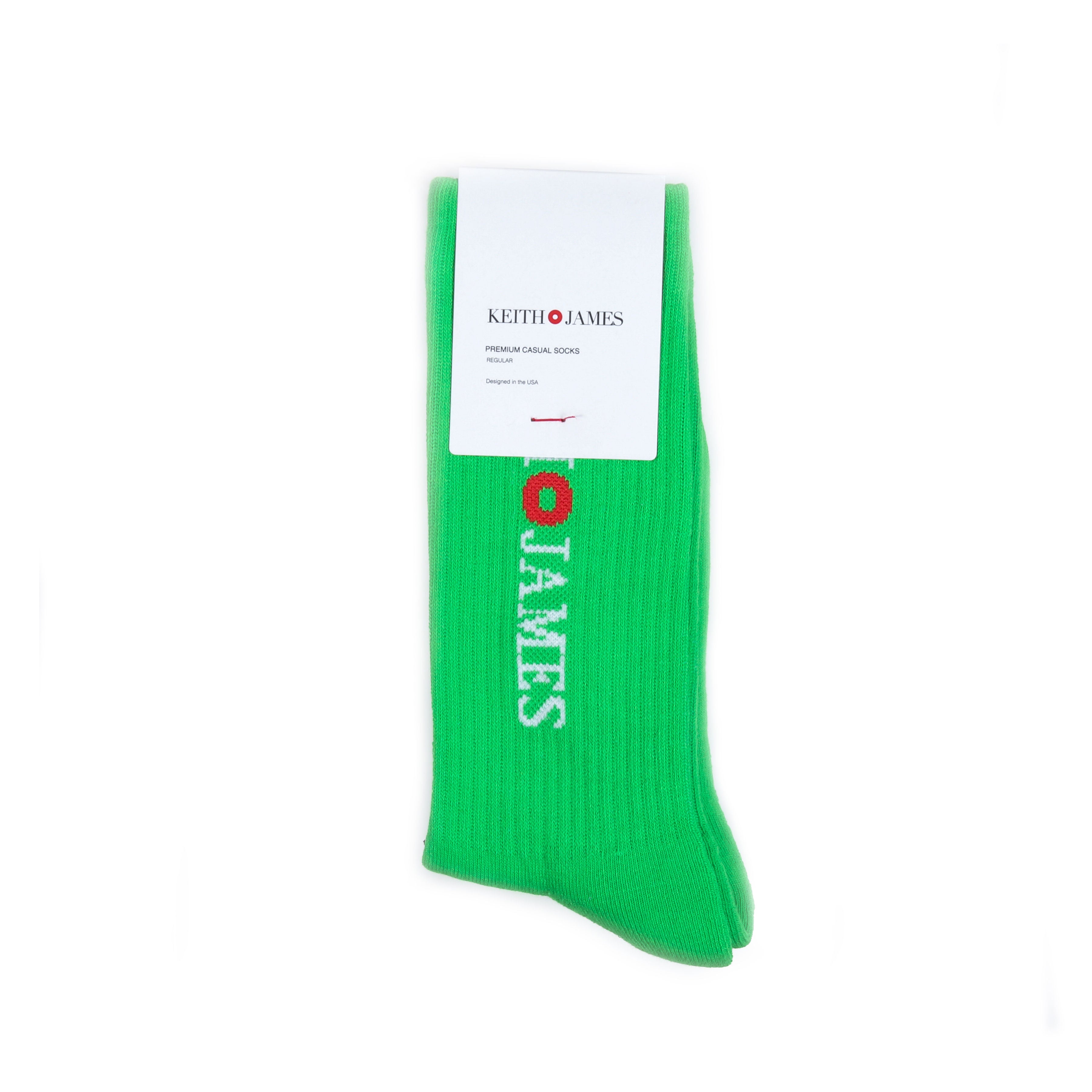 A single lime green sock with the text 'KEITH JAMES' printed on the upper part near the cuff.