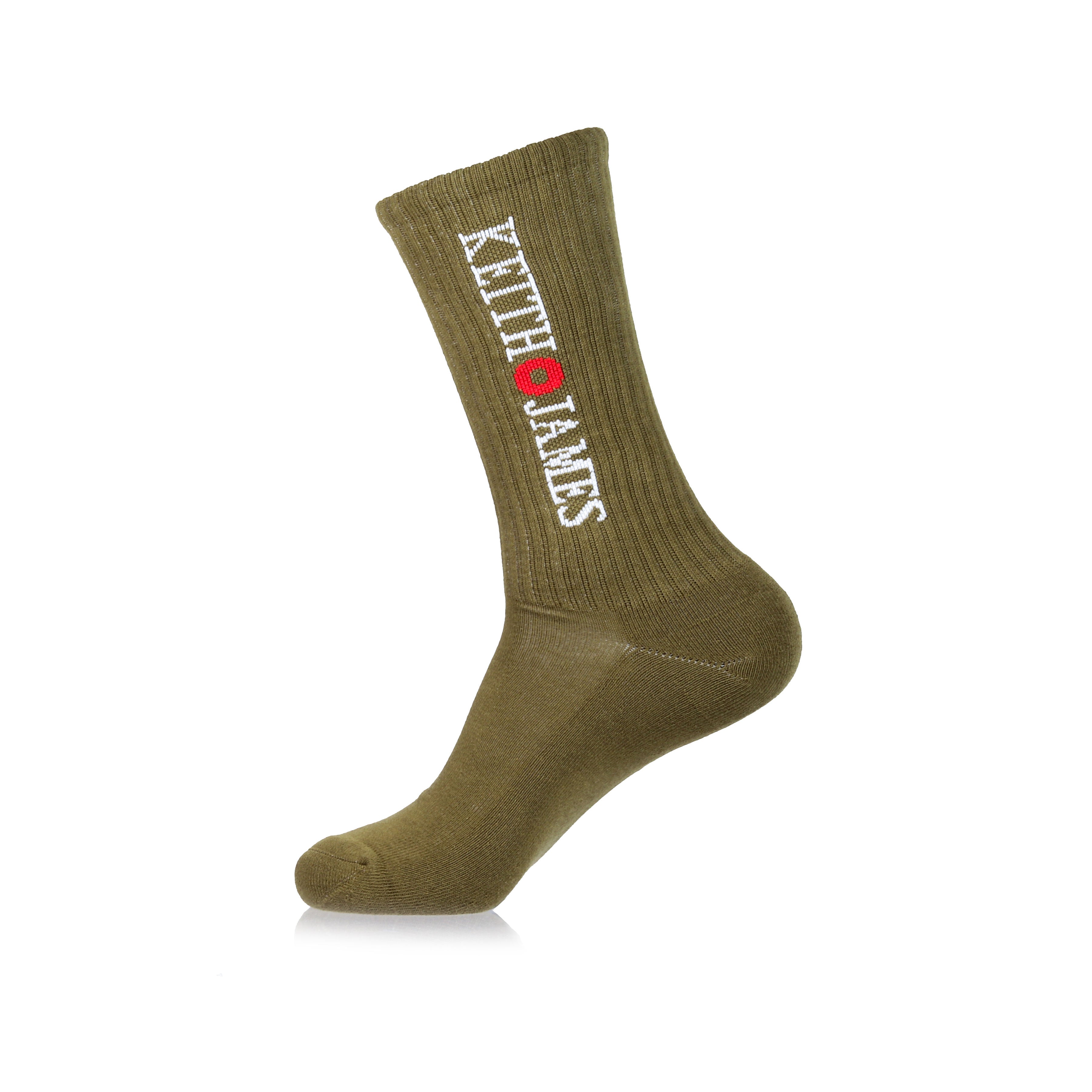 An olive-colored crew-length sock with 'KJ' and a heart symbol design on the side.