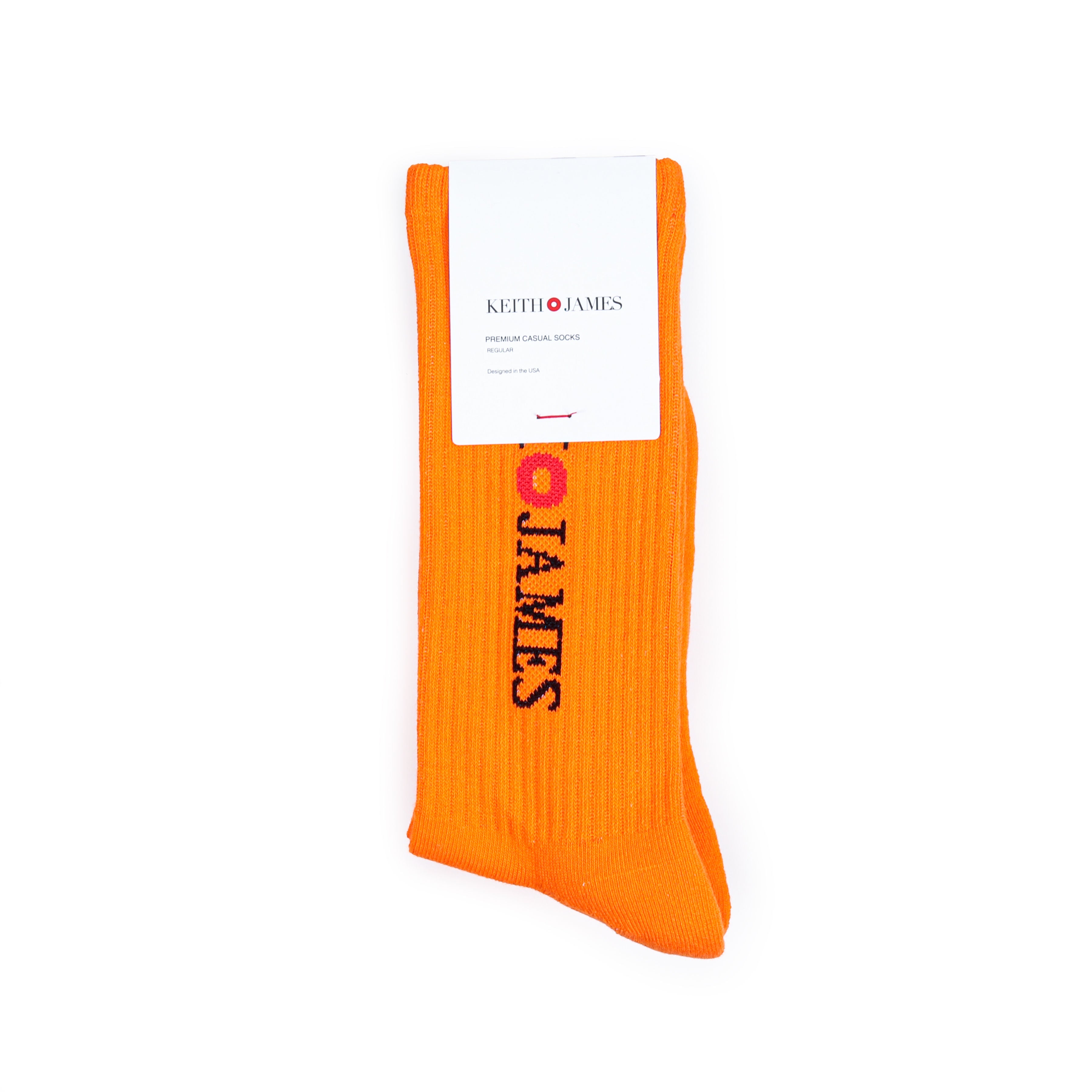 A single orange sock with the text 'KEITH JAMES' printed in a darker shade vertically along the side.