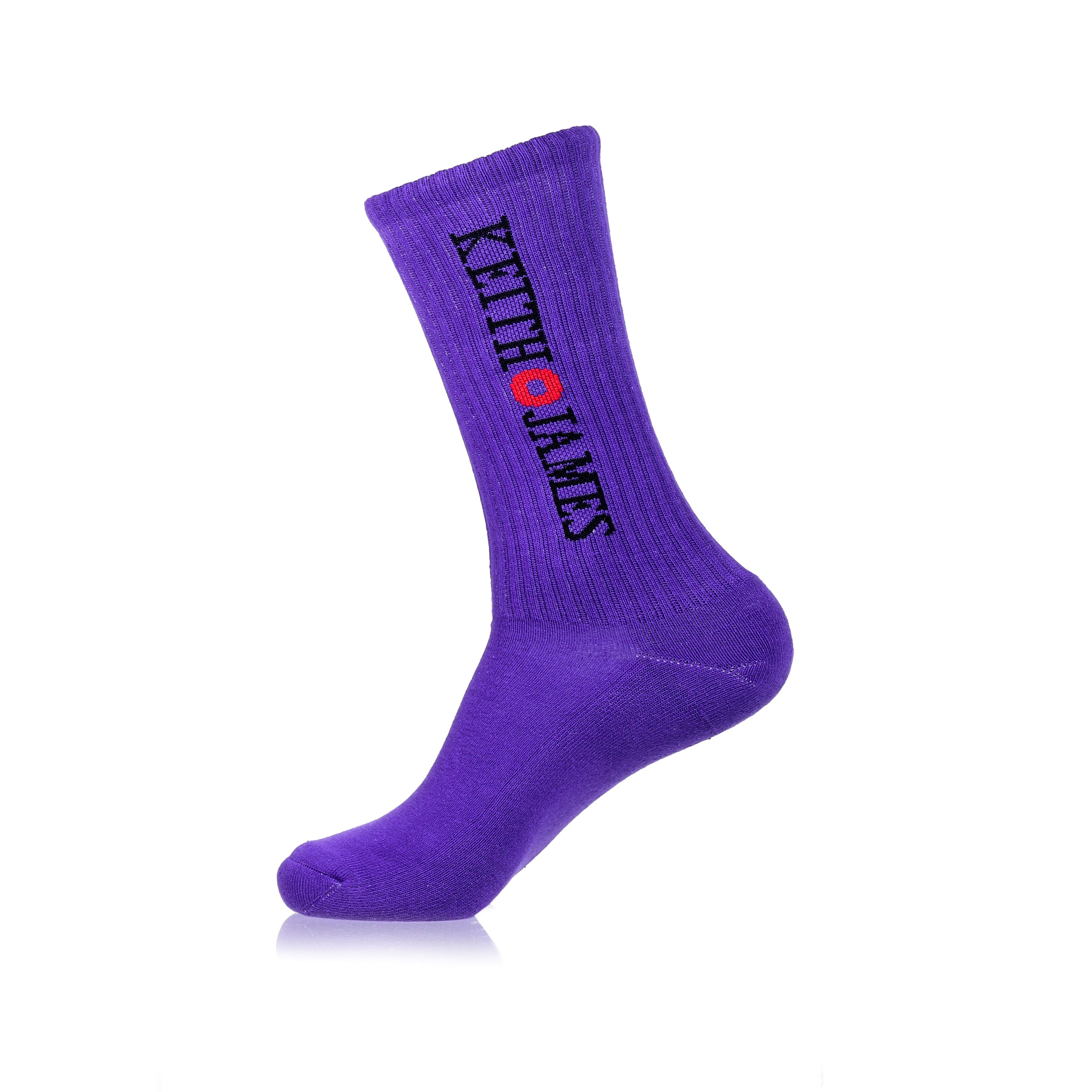 A single purple sock with text pattern