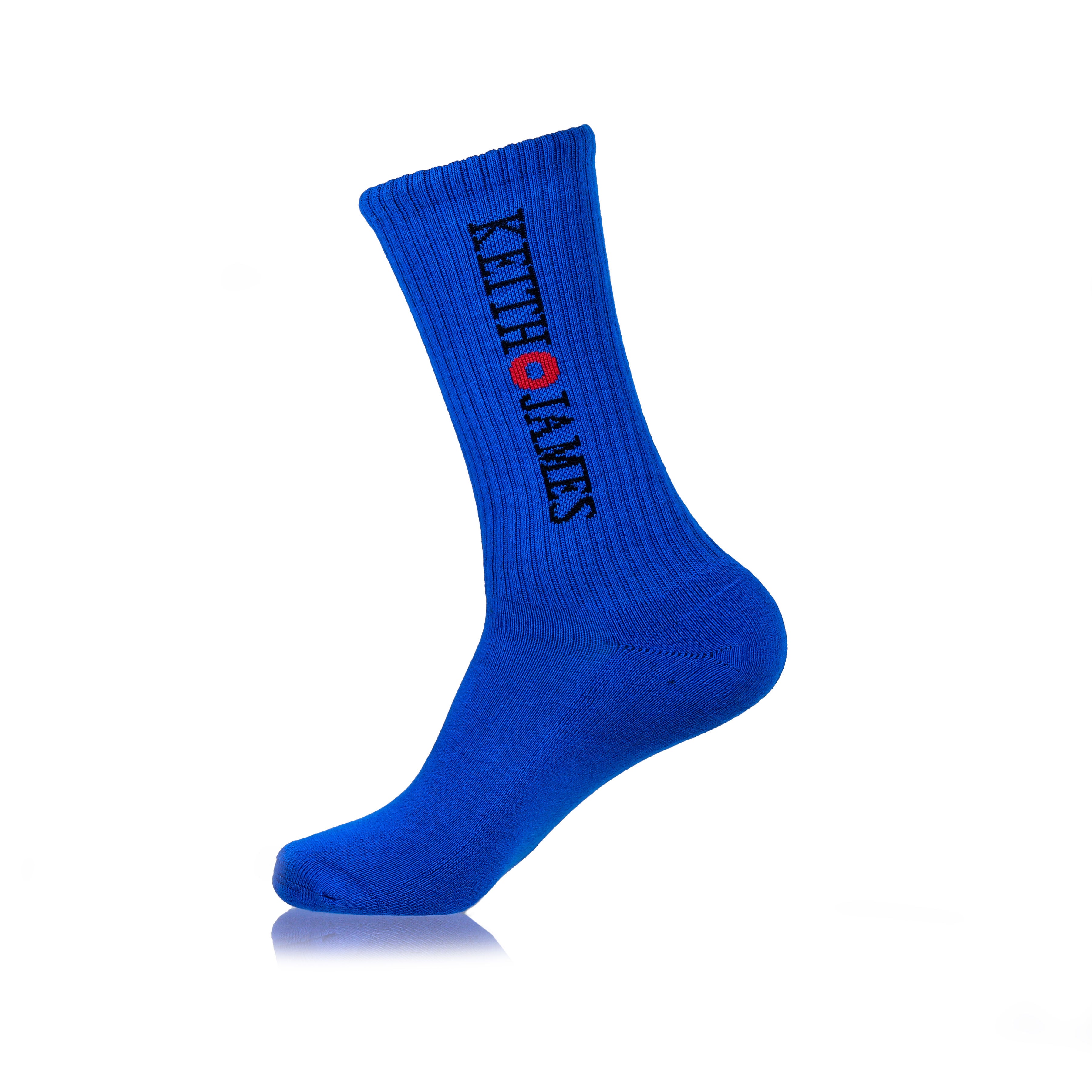 A single blue crew-length sock with text on the side.