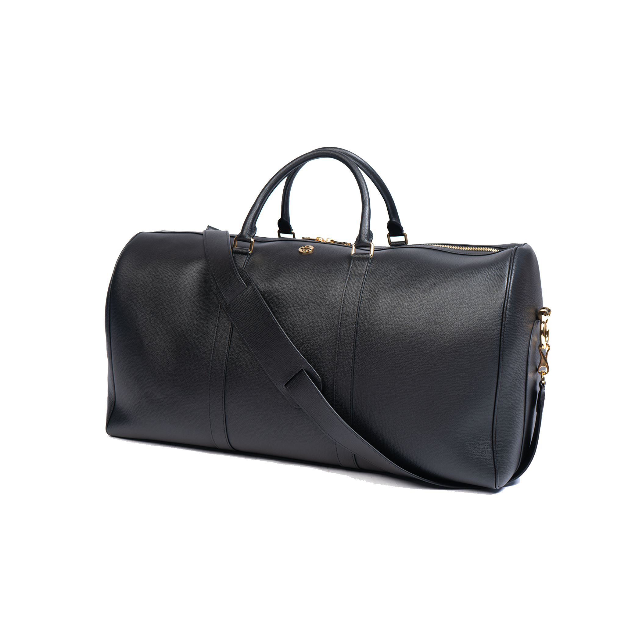 A jet black duffel bag with a detachable strap and gold-tone hardware on a white background.
