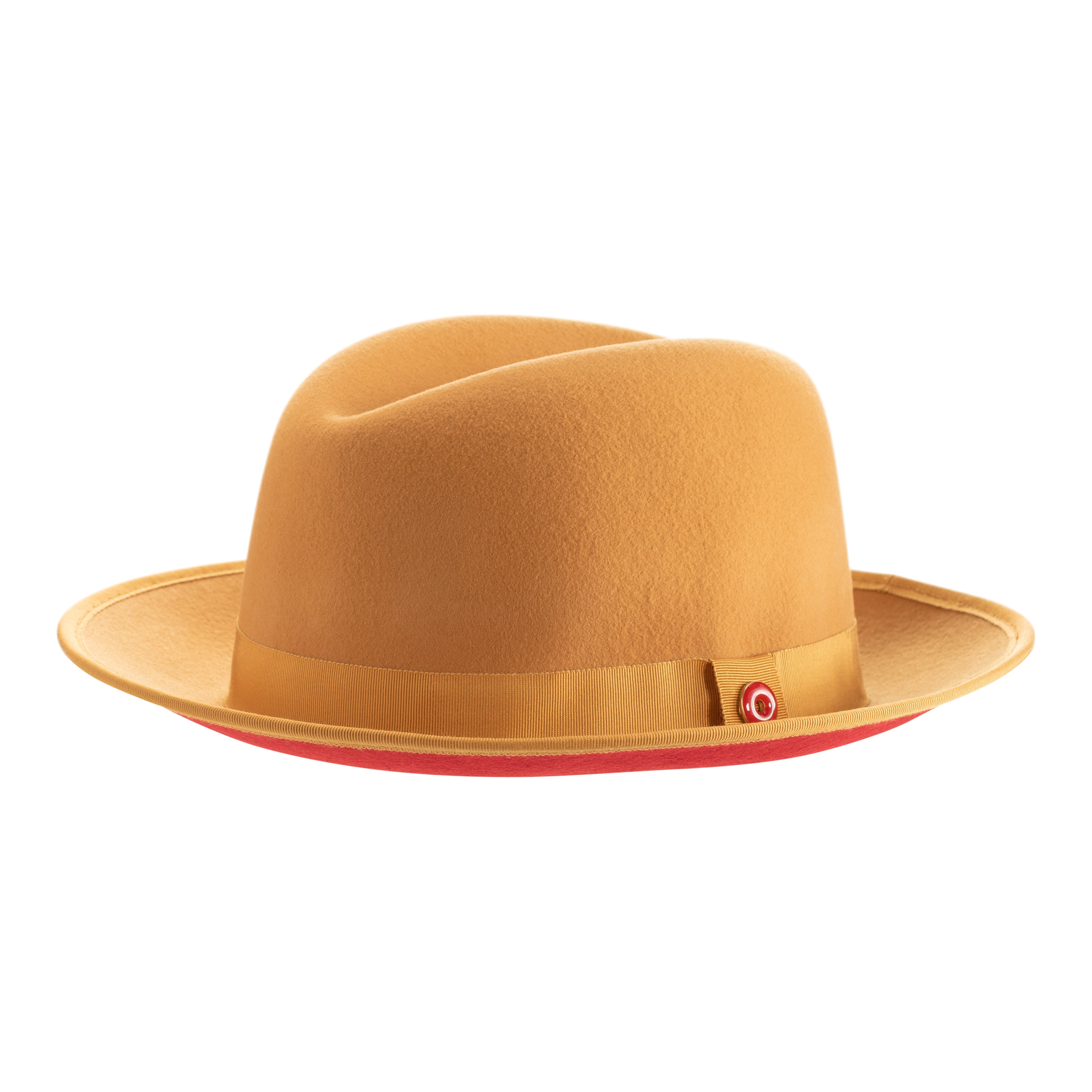 A canary yellow fedora hat with a red bottom brim and a signature logo pin.