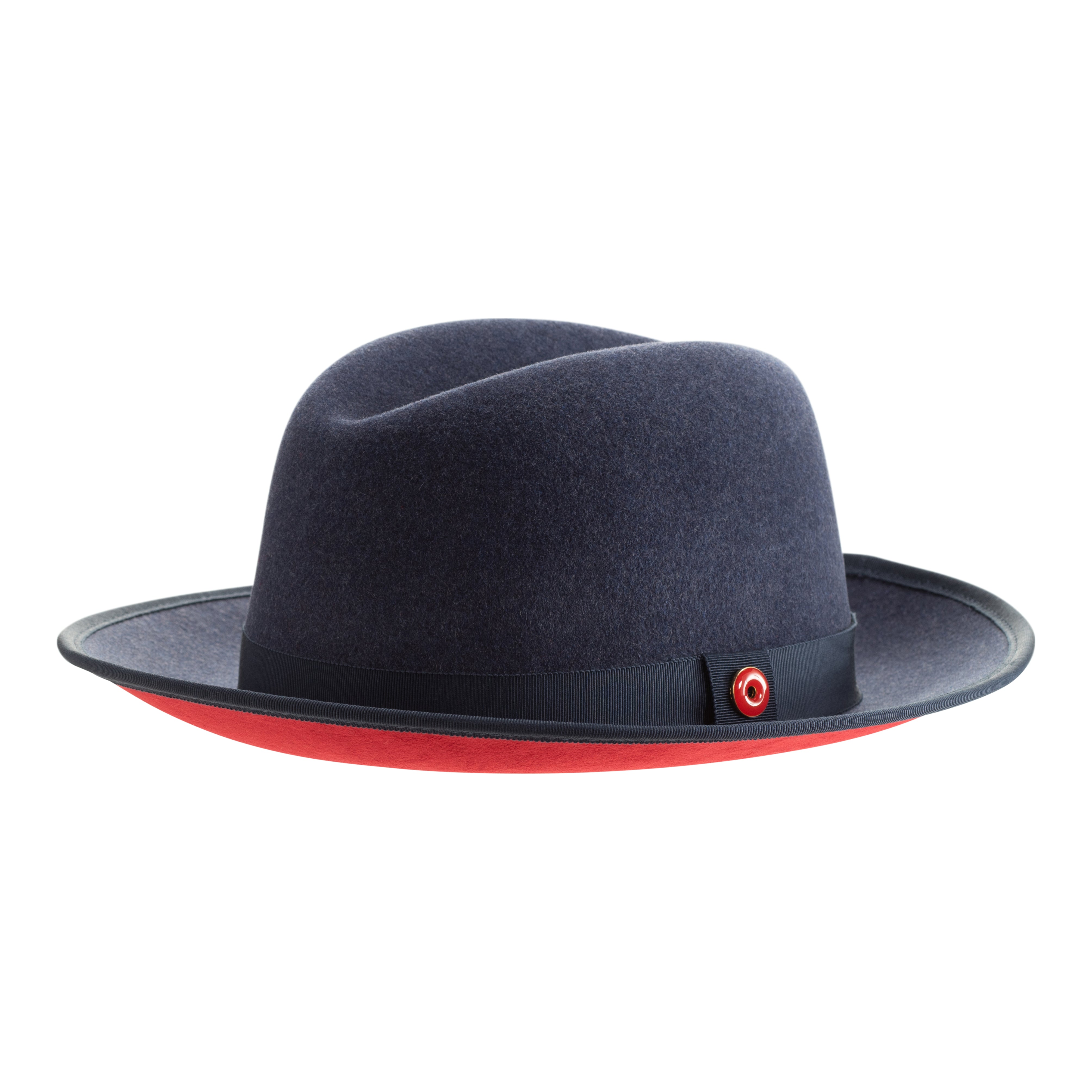 A denim blue classic center-creased fedora with a 2.5 inch curved brim and a red bottom trim, featuring a classic ribbon trim and a signature logo pin.