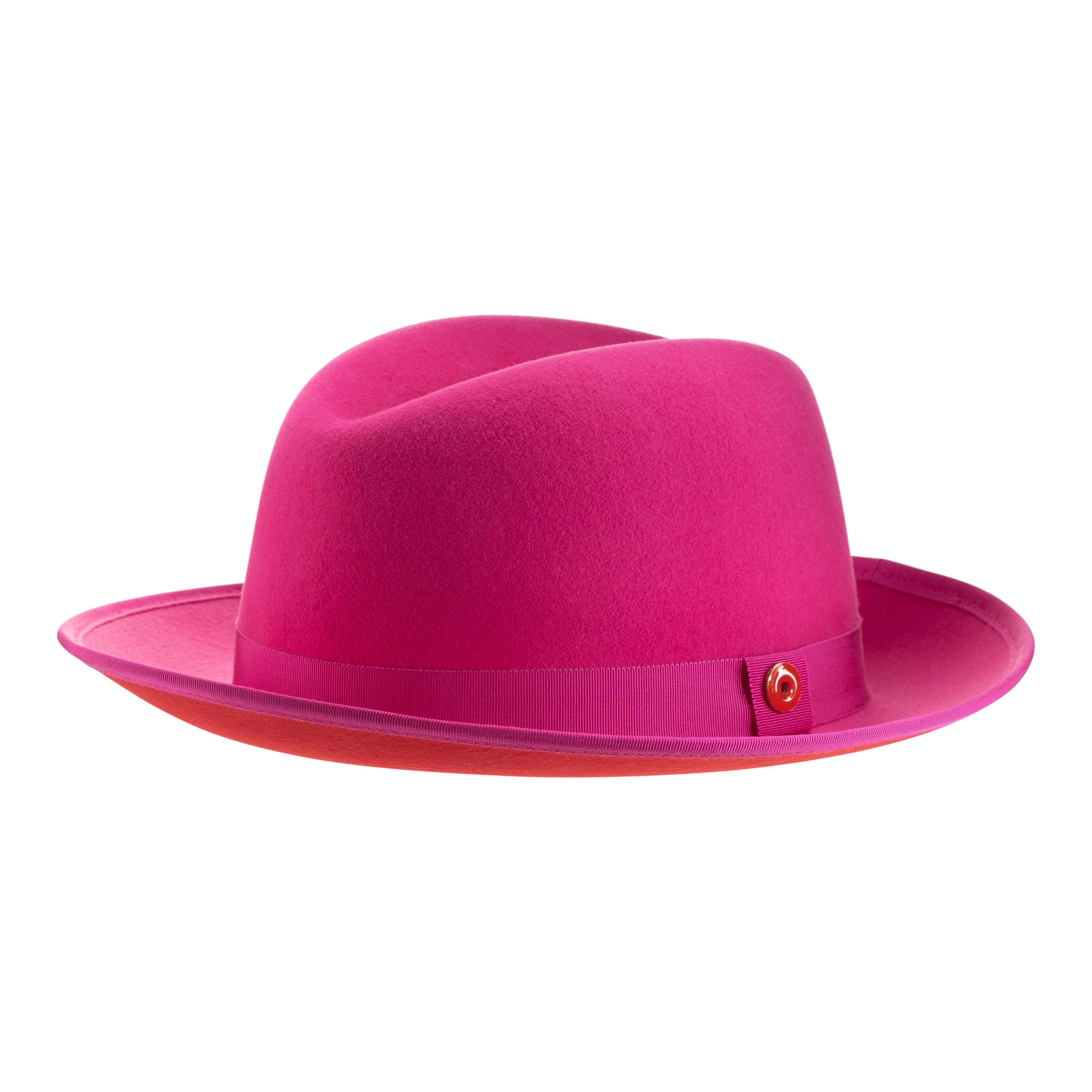 A hot pink classic center-creased fedora with a 2.5 inch curved brim and a signature logo pin on the side.