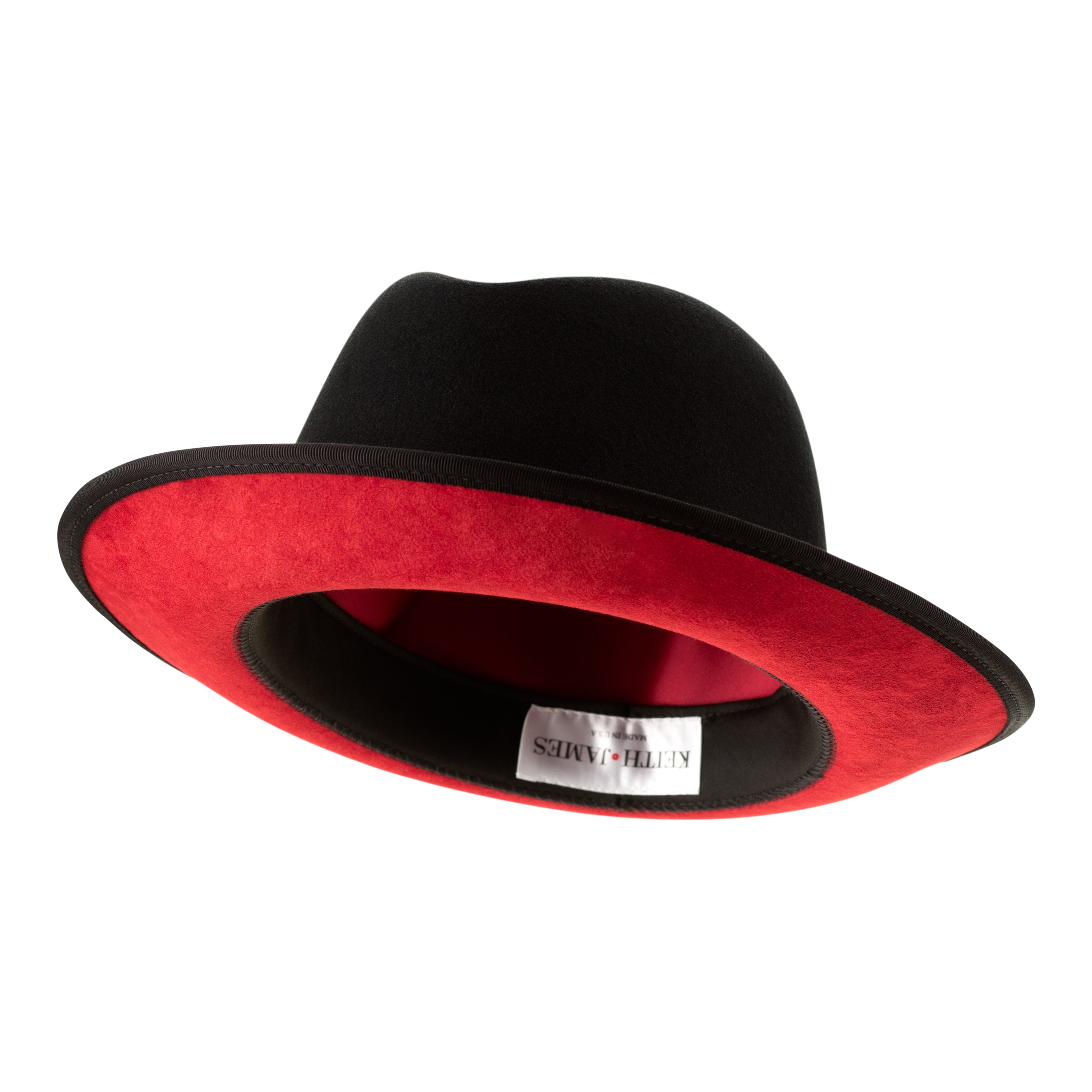 A classic black fedora hat with a red band and a signature logo pin.