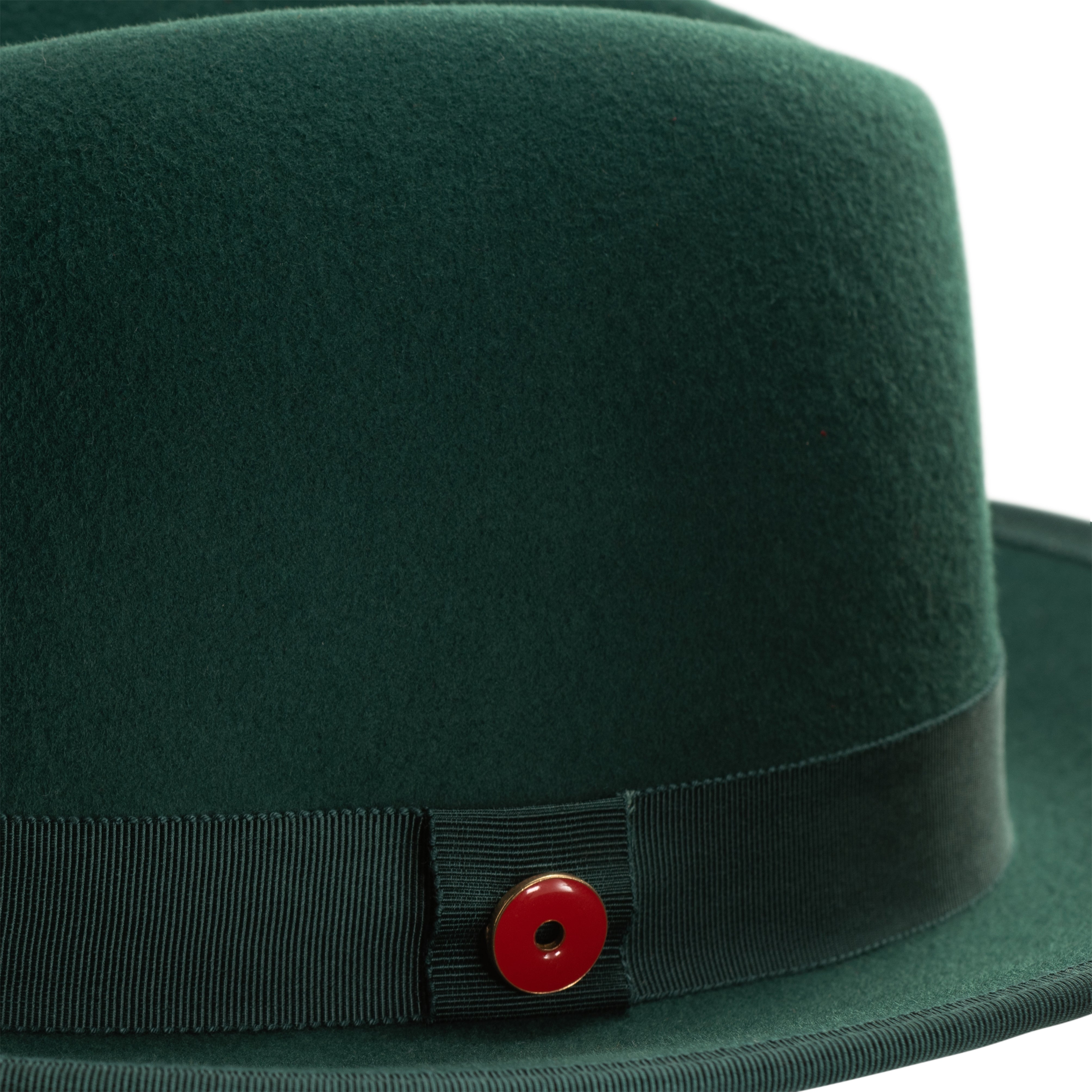 A green classic center-creased fedora with a 2.5 inch curved brim, signature logo pin, and red bottom brim.