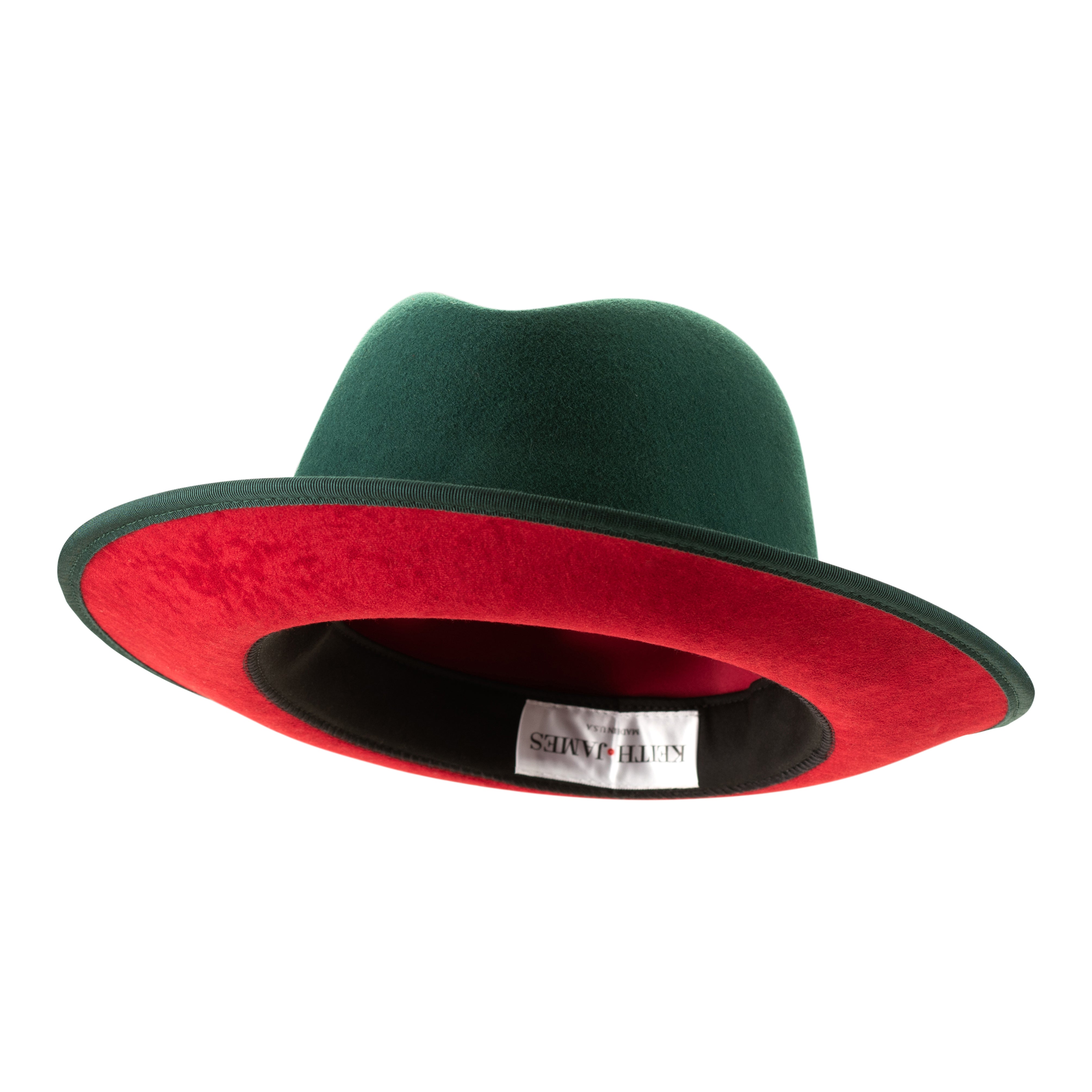 A green classic center-creased fedora with a 2.5 inch curved brim, signature logo pin, and red bottom brim.