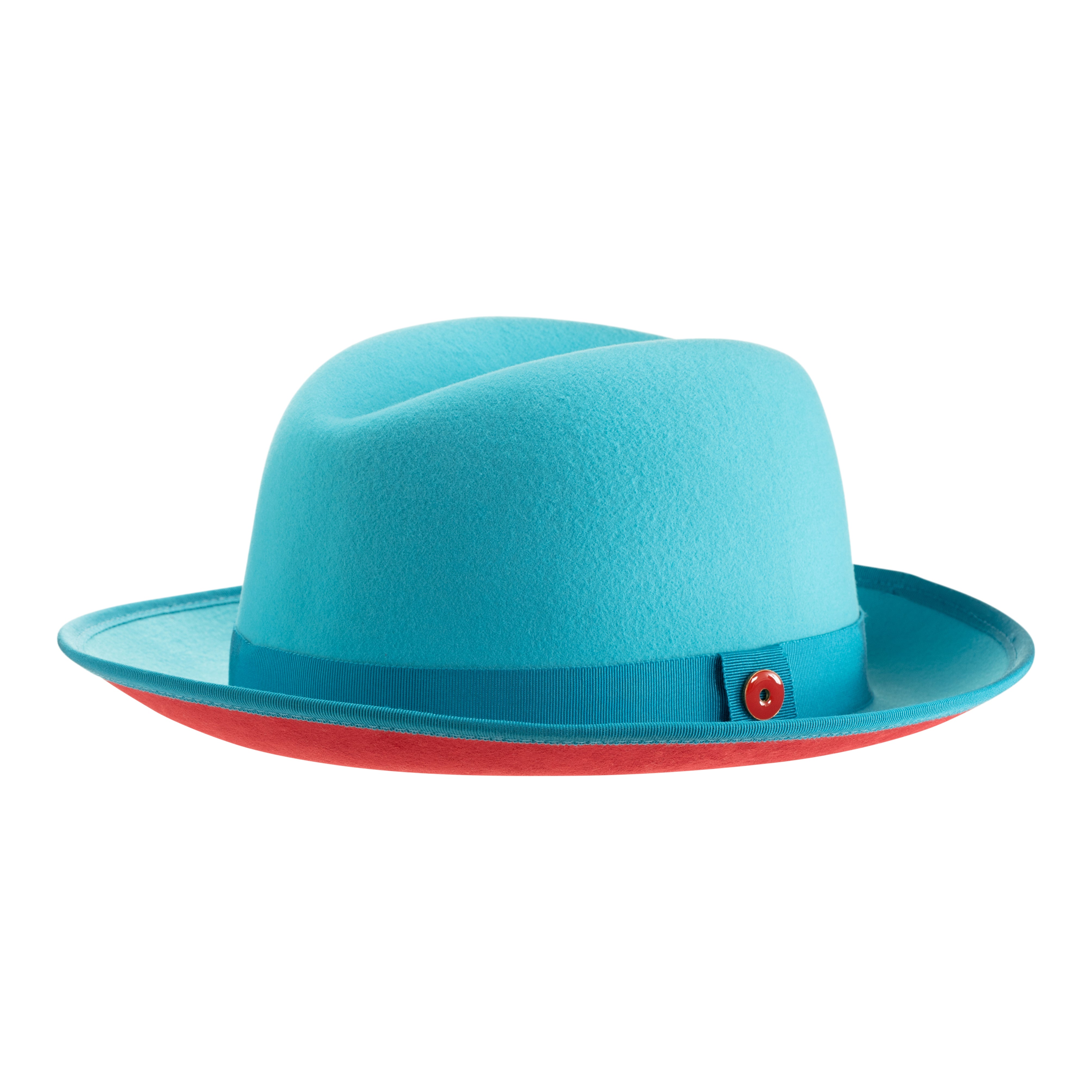 A classic center-creased fedora hat in ocean blue color with a red bottom brim and a signature logo pin.