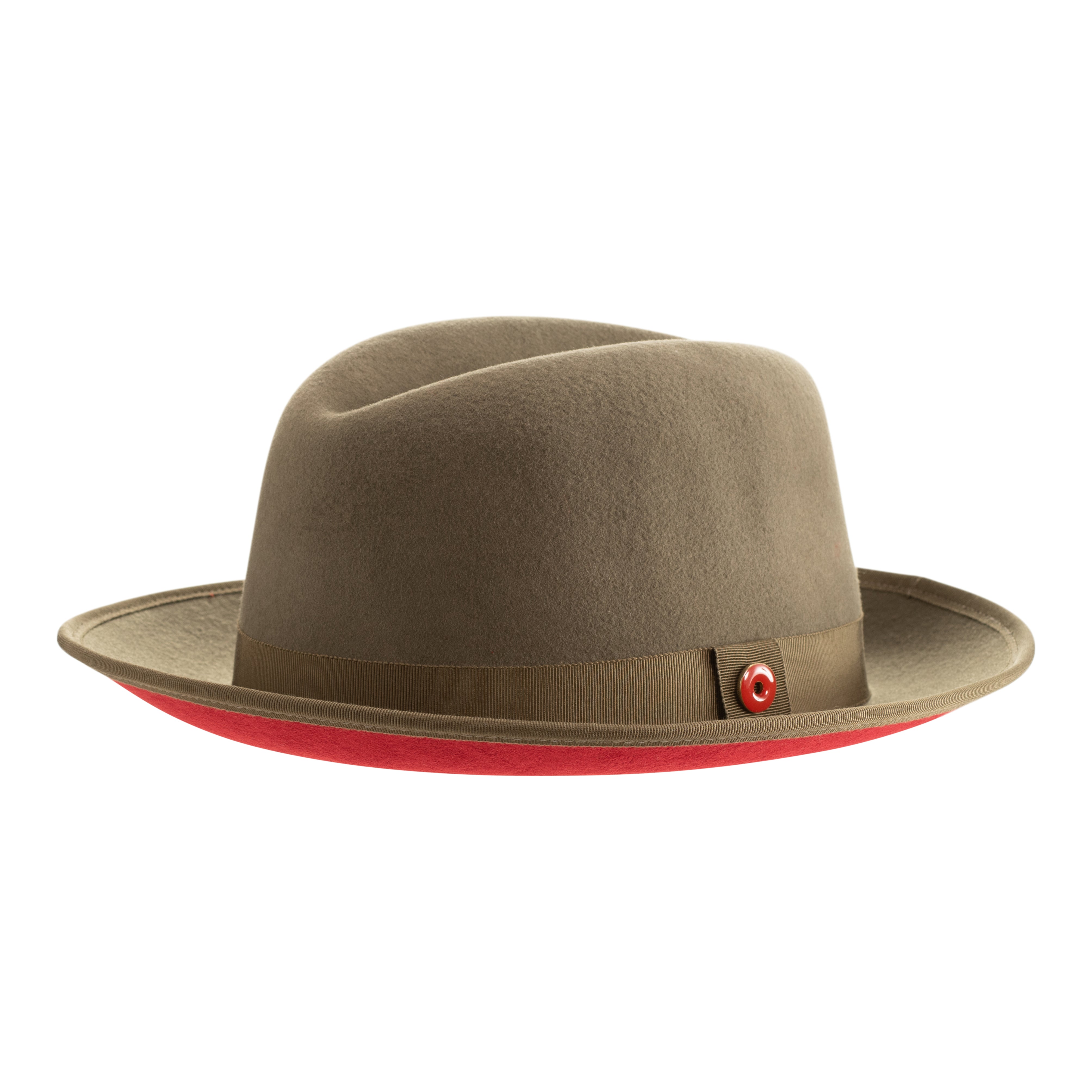 An olive green classic center-creased fedora with a red bottom brim and a signature logo pin on the side.