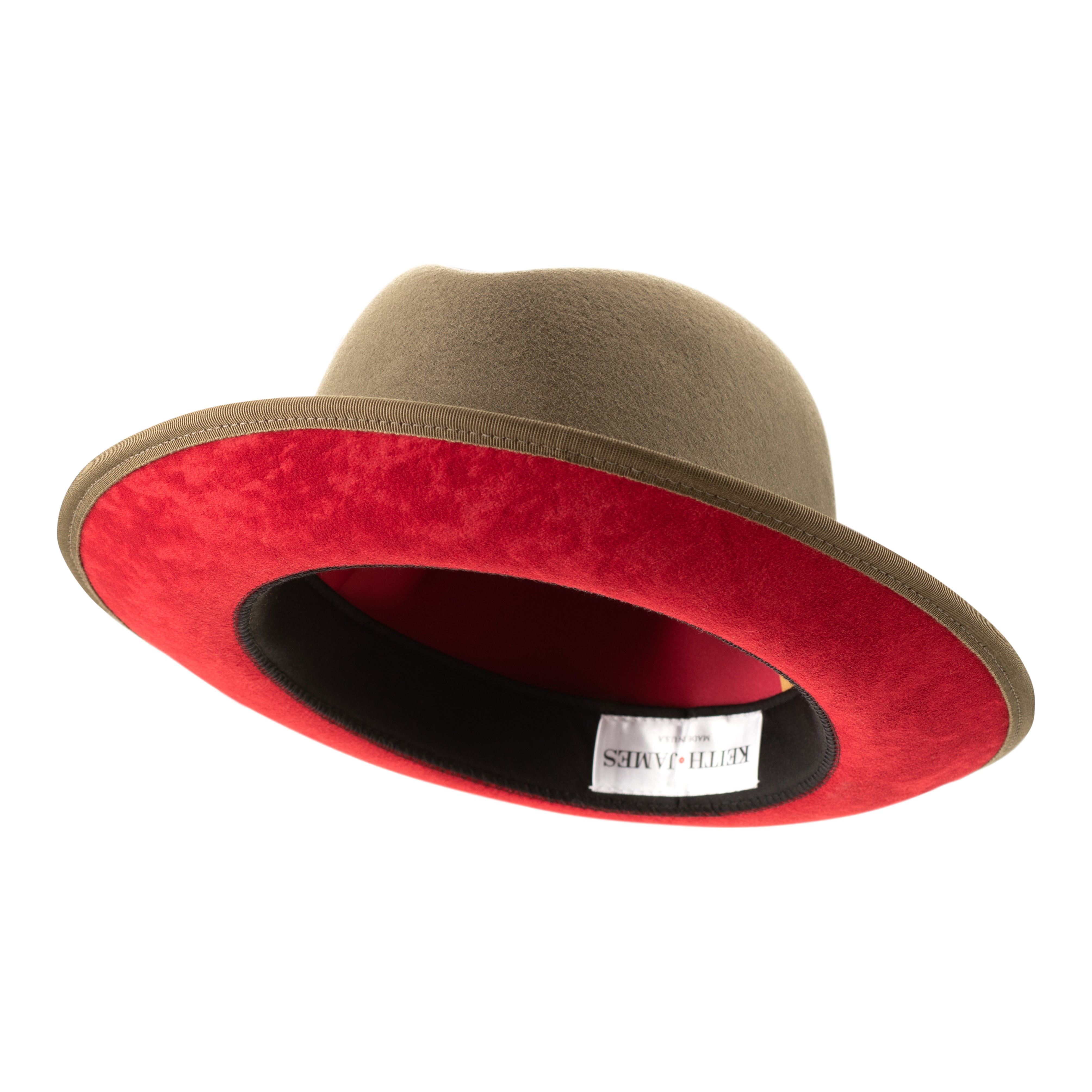An olive green classic center-creased fedora with a red bottom brim and a signature logo pin on the side.