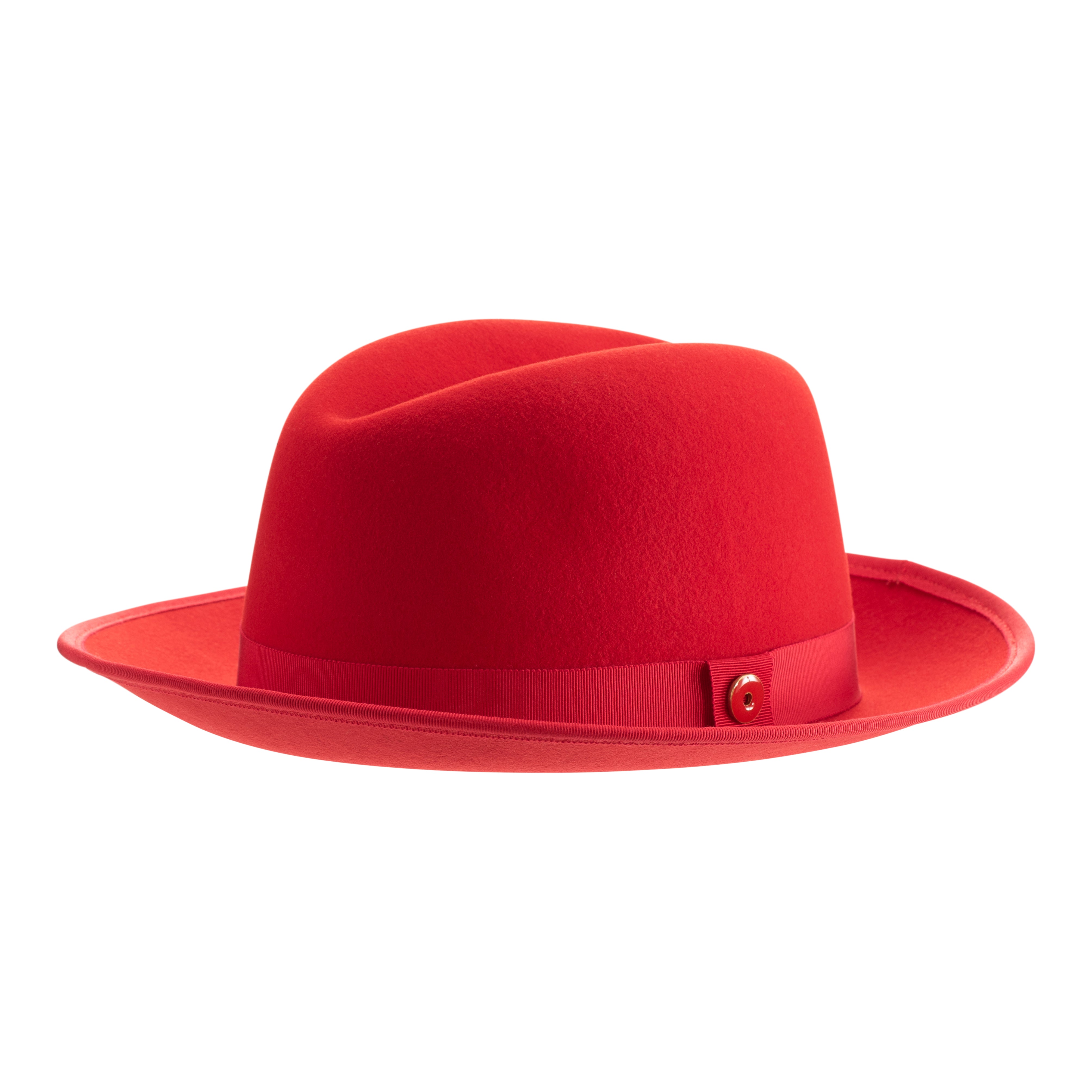 A rose red classic center-creased fedora with a 3 inch curved brim and bound edge, featuring a signature logo pin and red bottom brim.