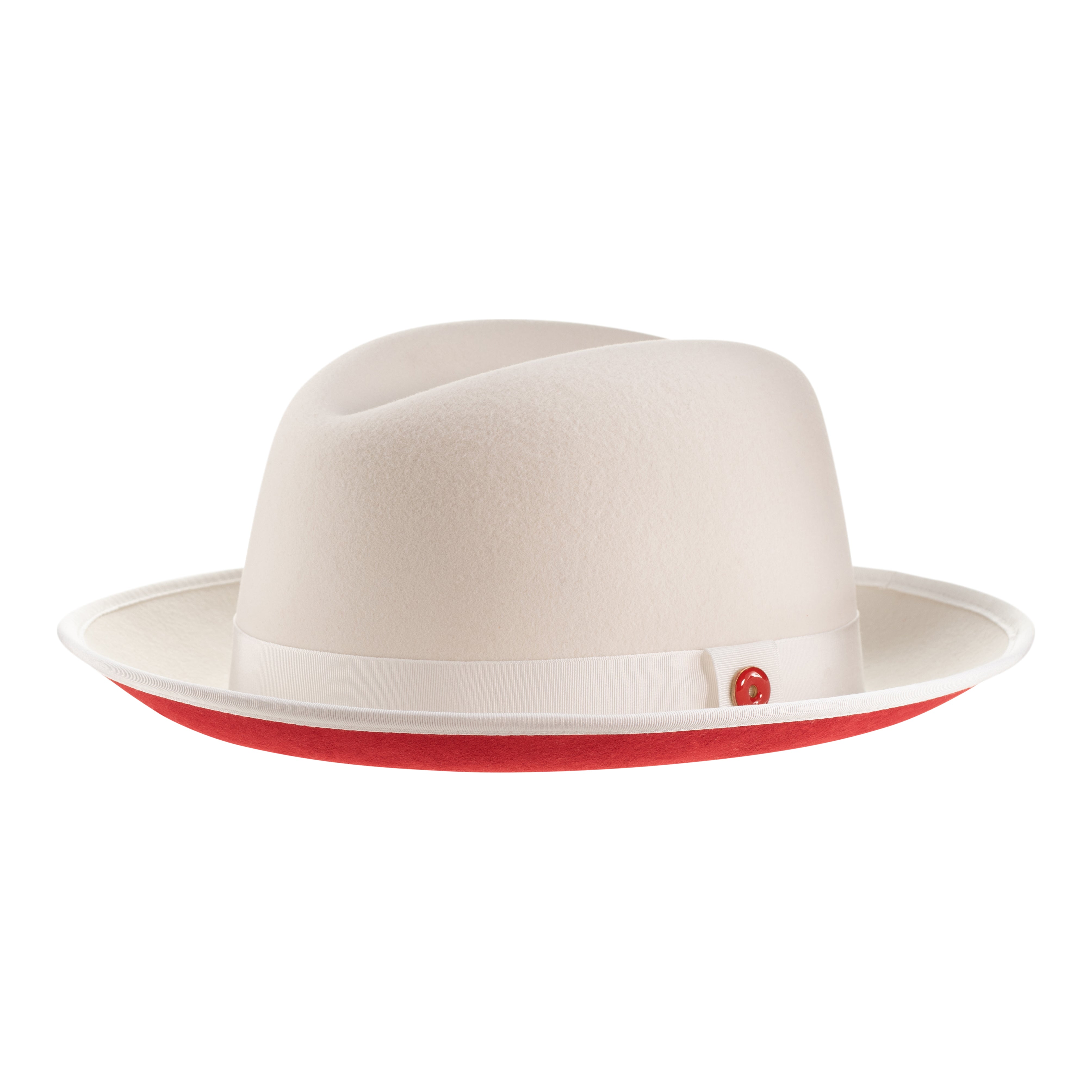 A snow white fedora hat with a red bottom brim and a signature logo pin.
