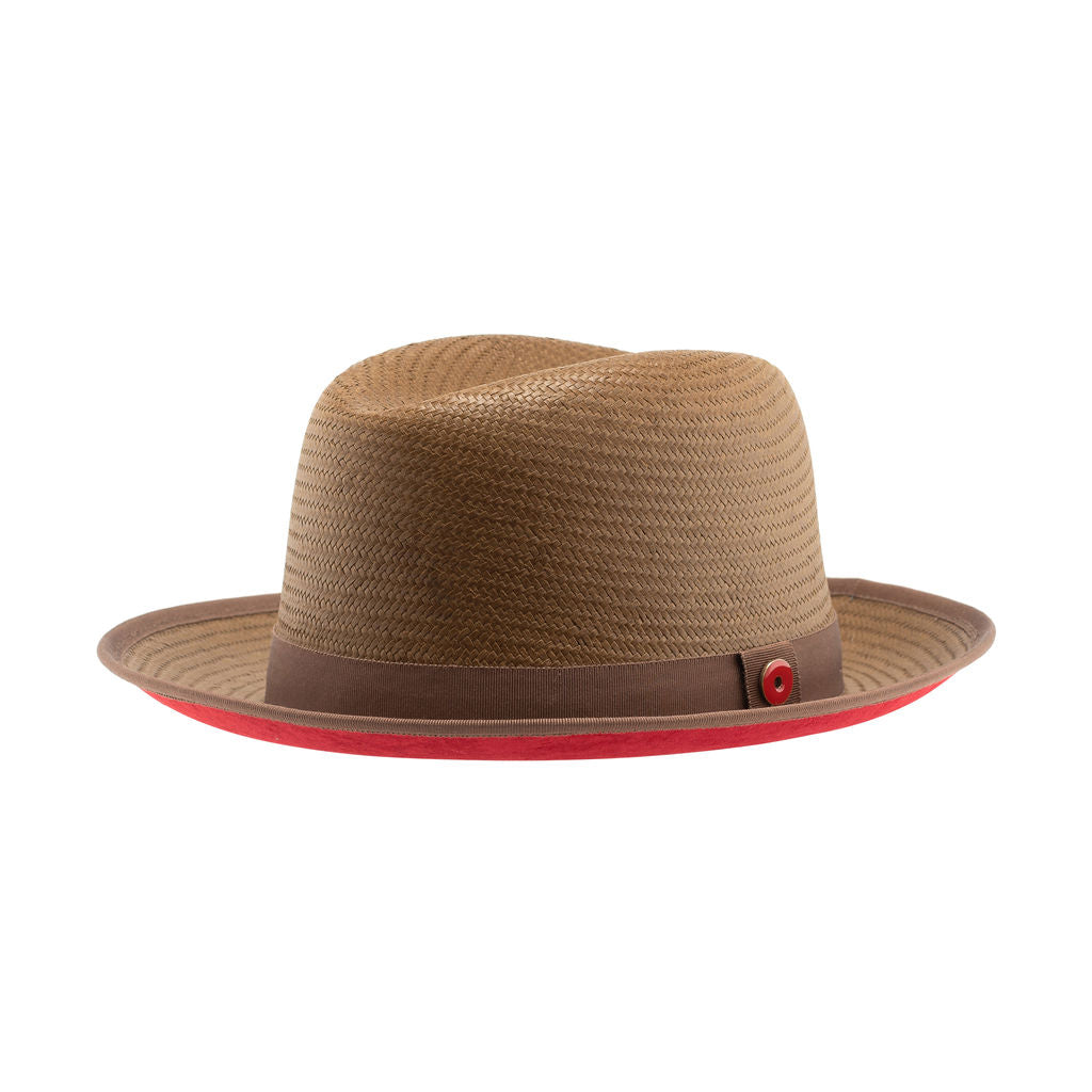 A cocoa brown classic center-creased fedora with a 2.5 inch curved brim, ribbon trim, and a red bottom brim.