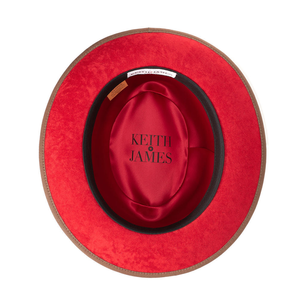 A cocoa brown classic center-creased fedora with a 2.5 inch curved brim, ribbon trim, and a red bottom brim.