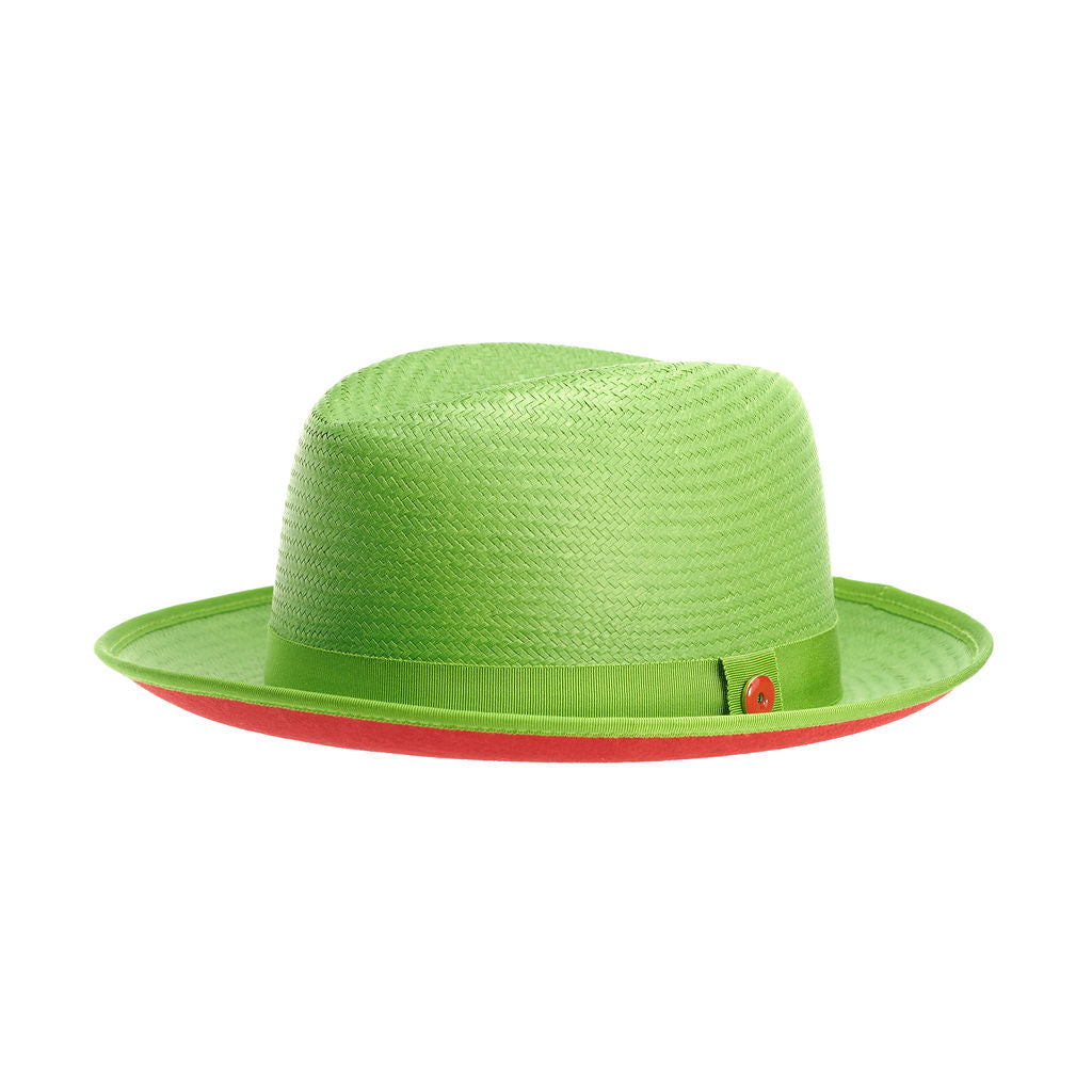 A lime green straw fedora with a red bottom brim and a ribbon trim around the base.