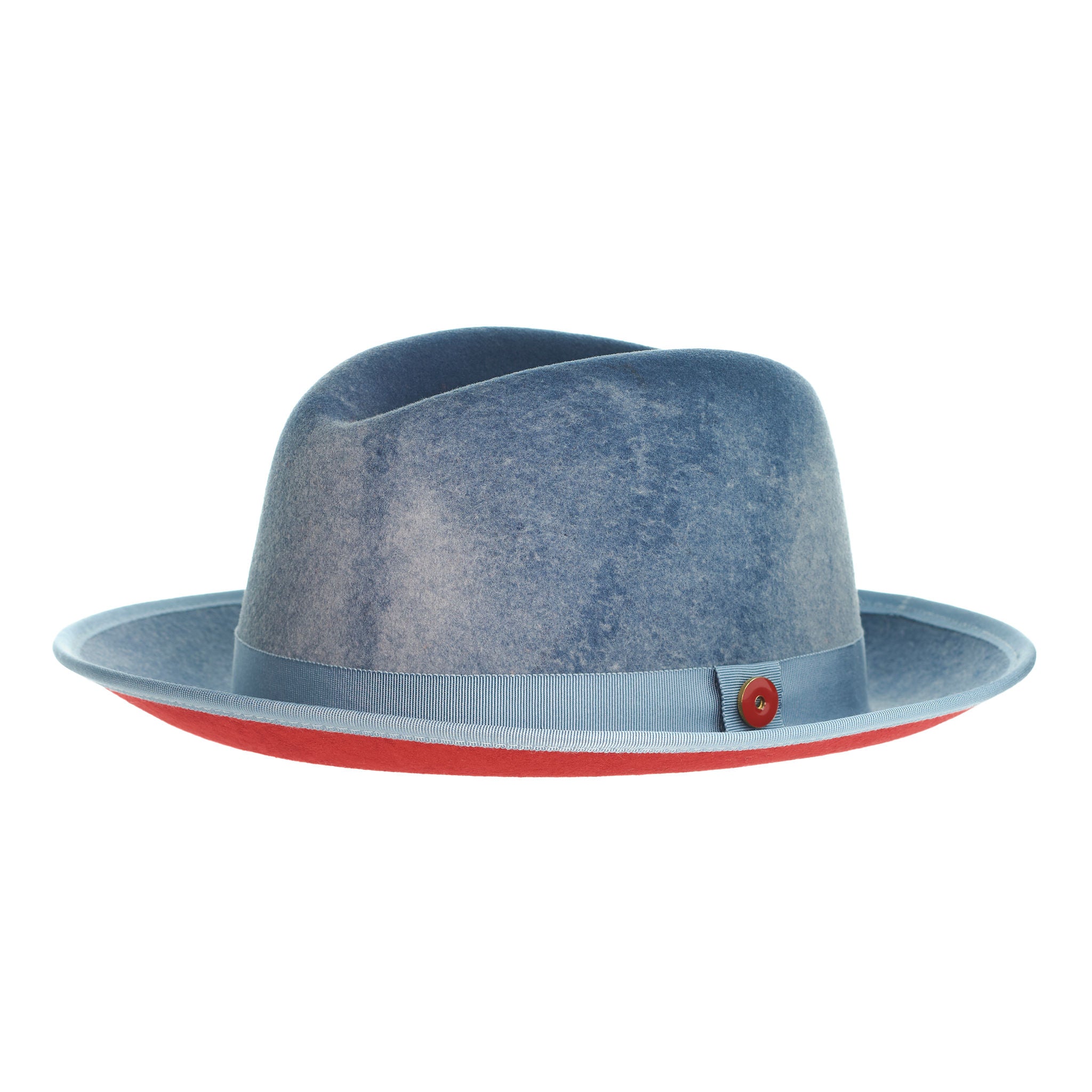 A blue fedora with a red bottom brim and a signature logo pin.