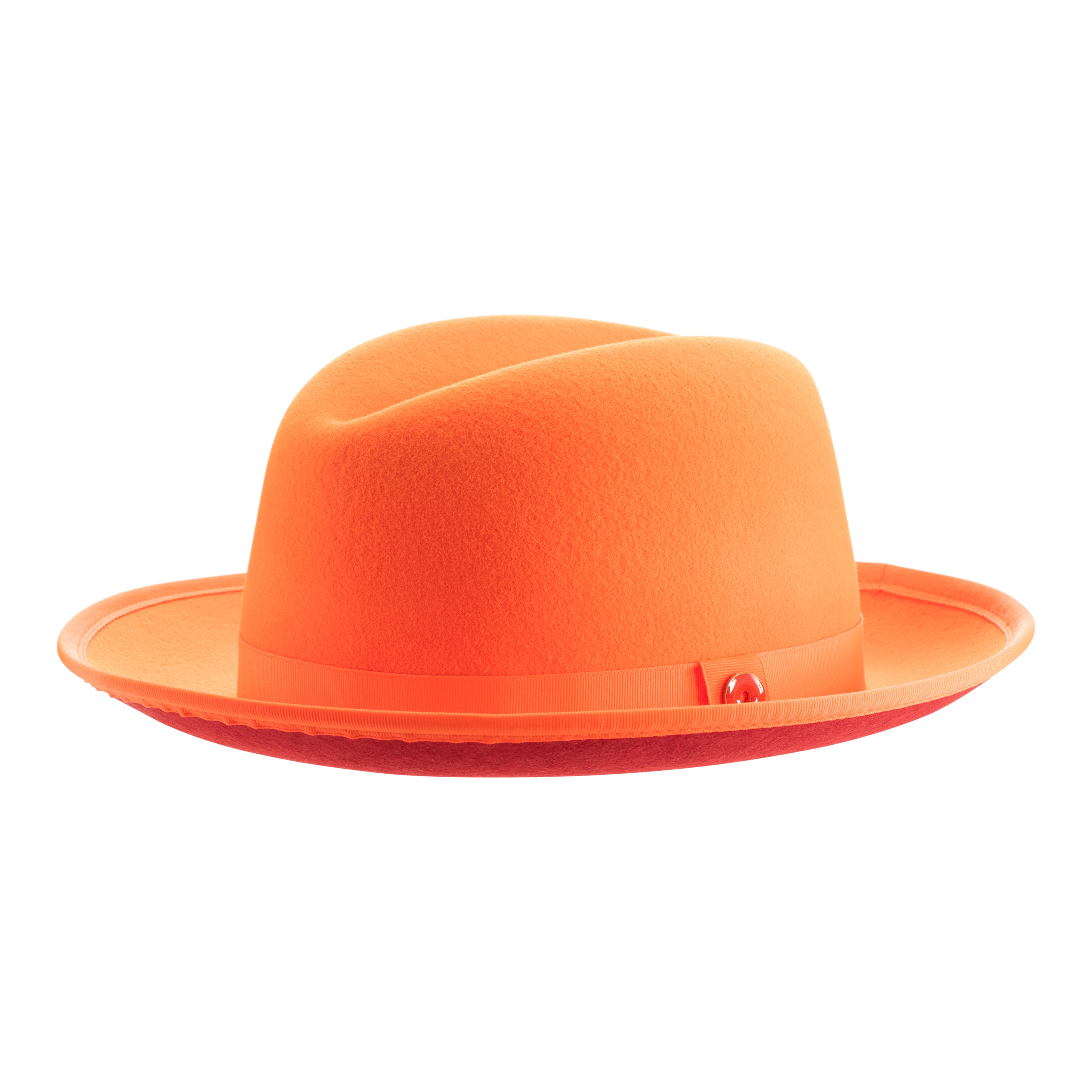 A tiger orange classic center-creased fedora with a 2.5 inch curved brim and a red bottom brim.