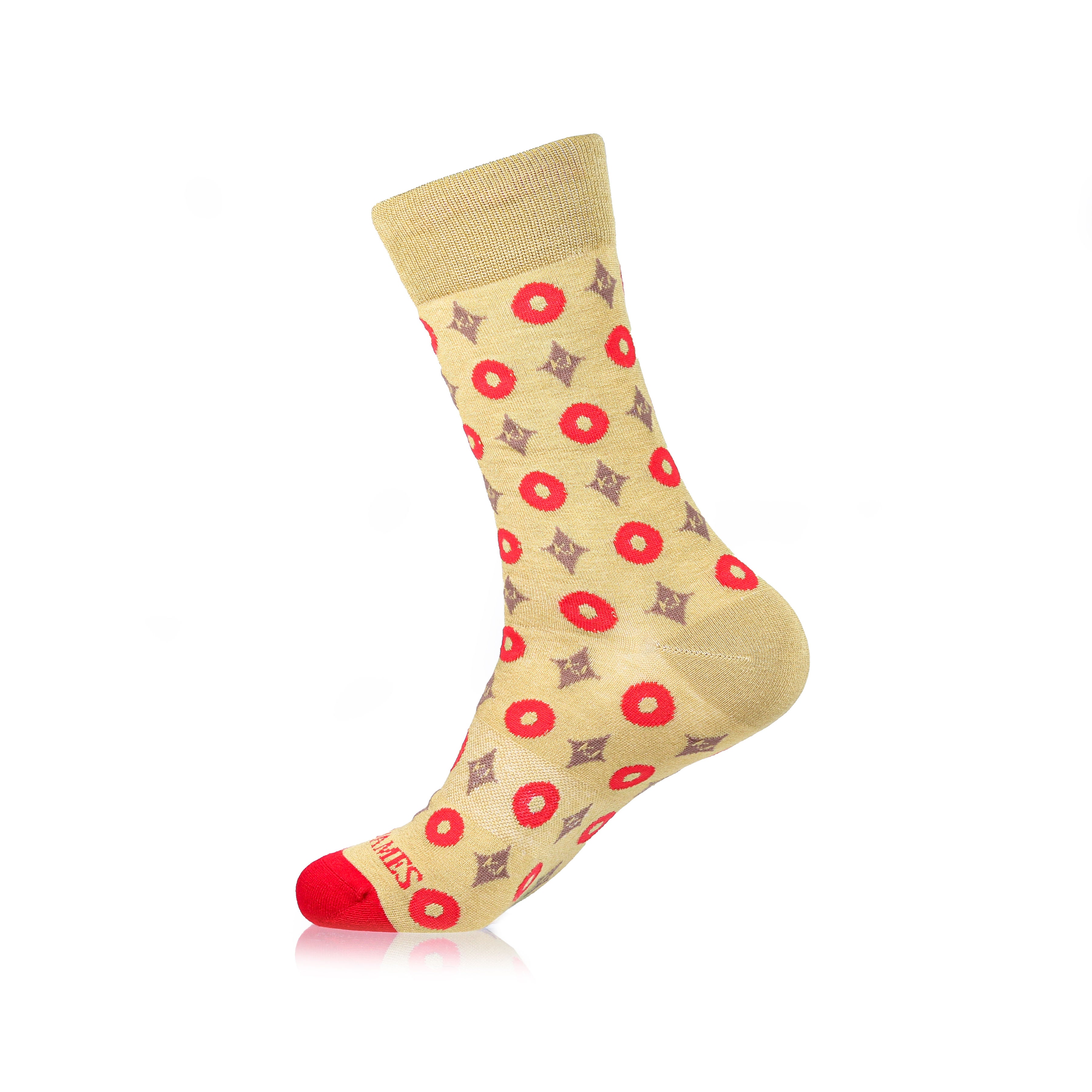 A pair of socks with a geometric pattern in beige, red, and gray colors.